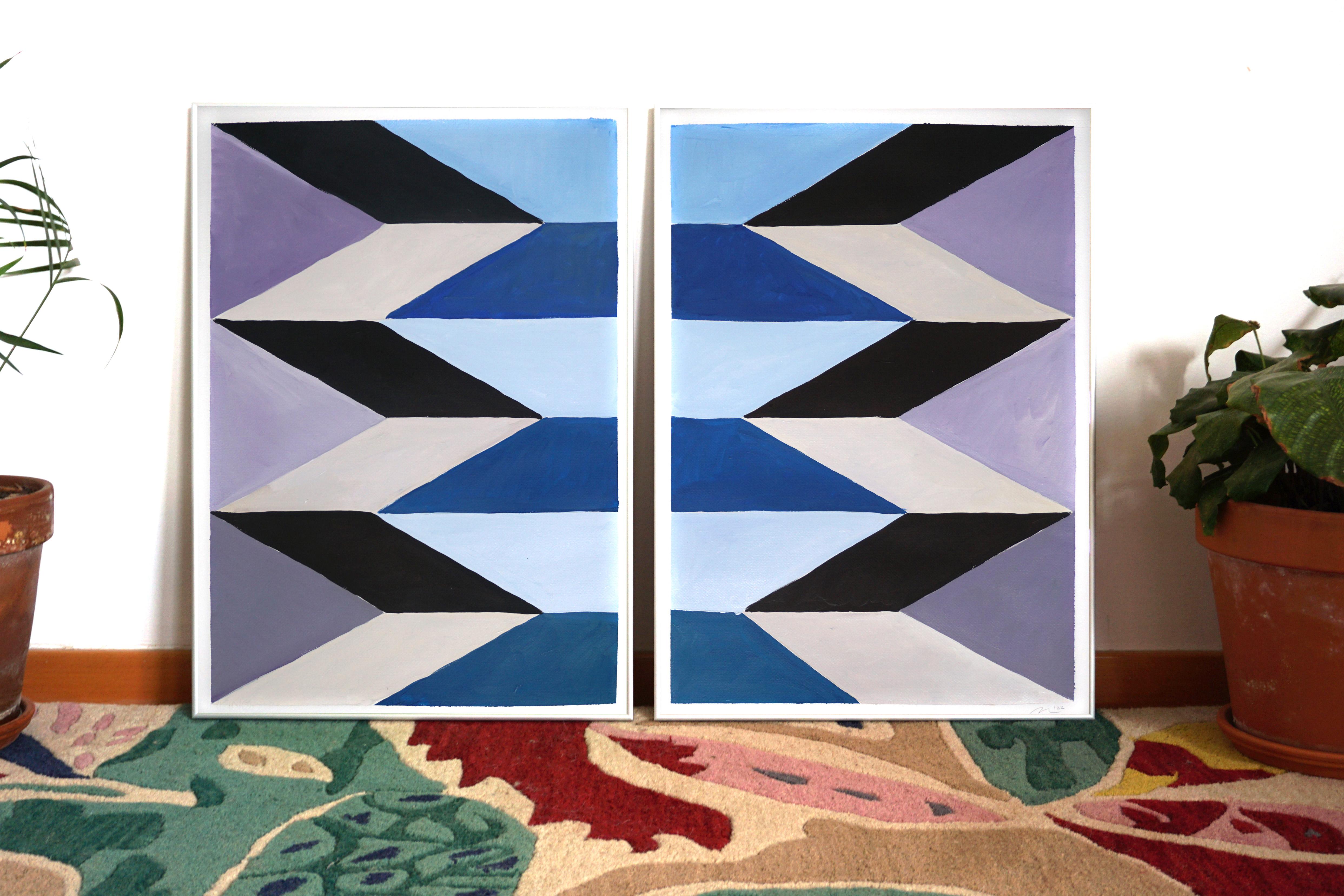 Scale surreali, dittico Miraggio, toni freddi, arco Art Deco blu, malva e nero 5