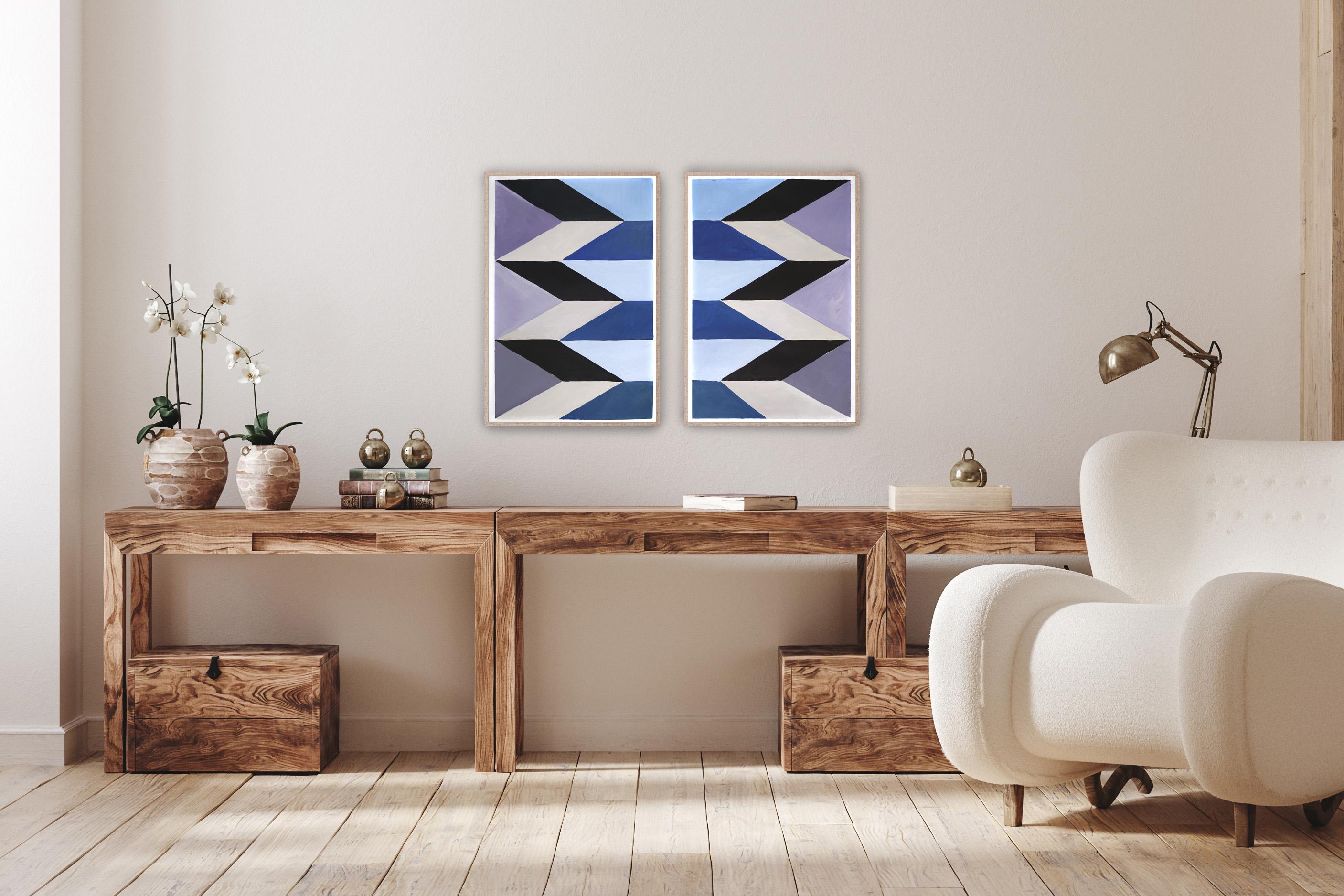 Scale surreali, dittico Miraggio, toni freddi, arco Art Deco blu, malva e nero - Painting di Natalia Roman
