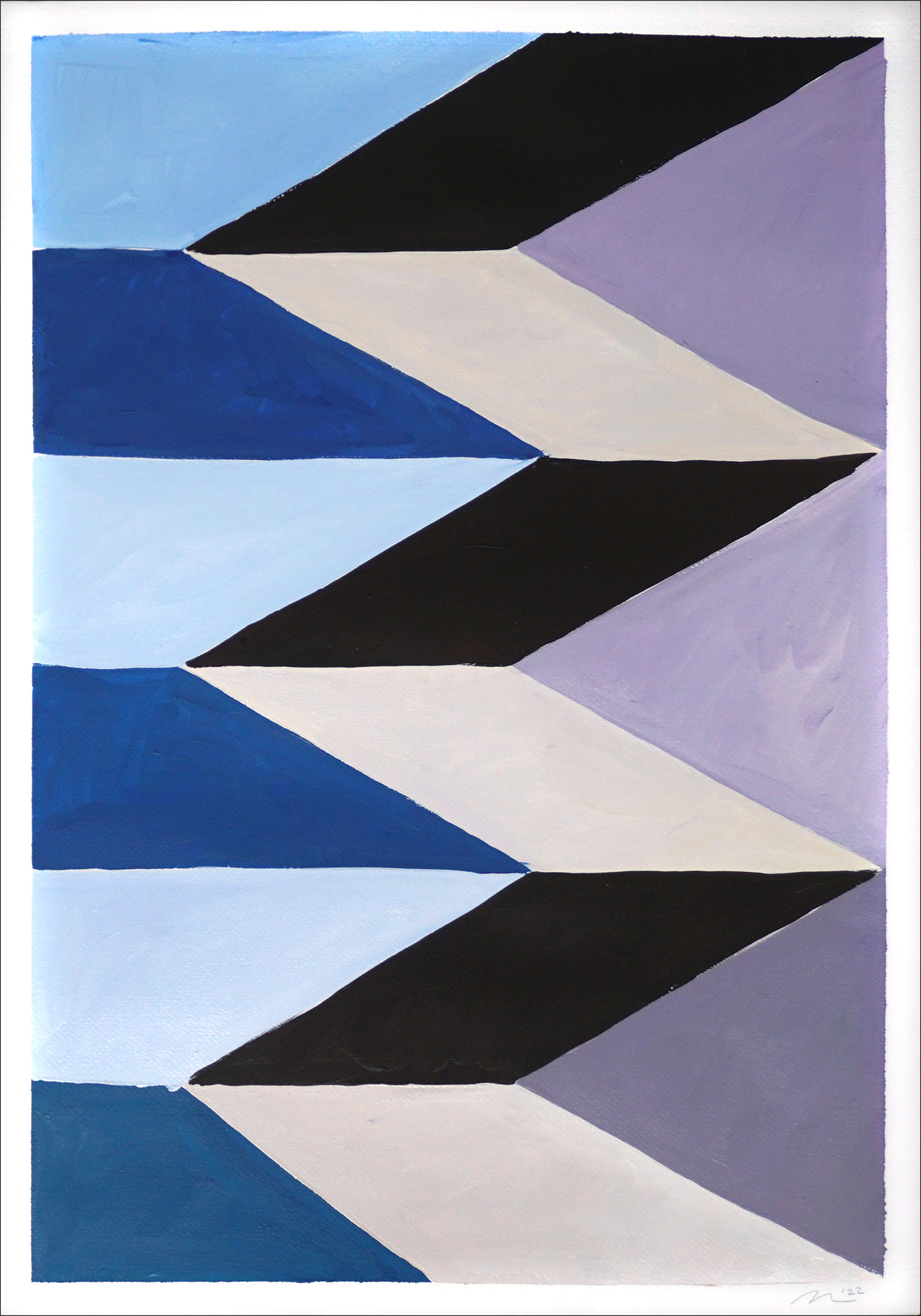 Scale surreali, dittico Miraggio, toni freddi, arco Art Deco blu, malva e nero - Landscape Painting Viola di Natalia Roman