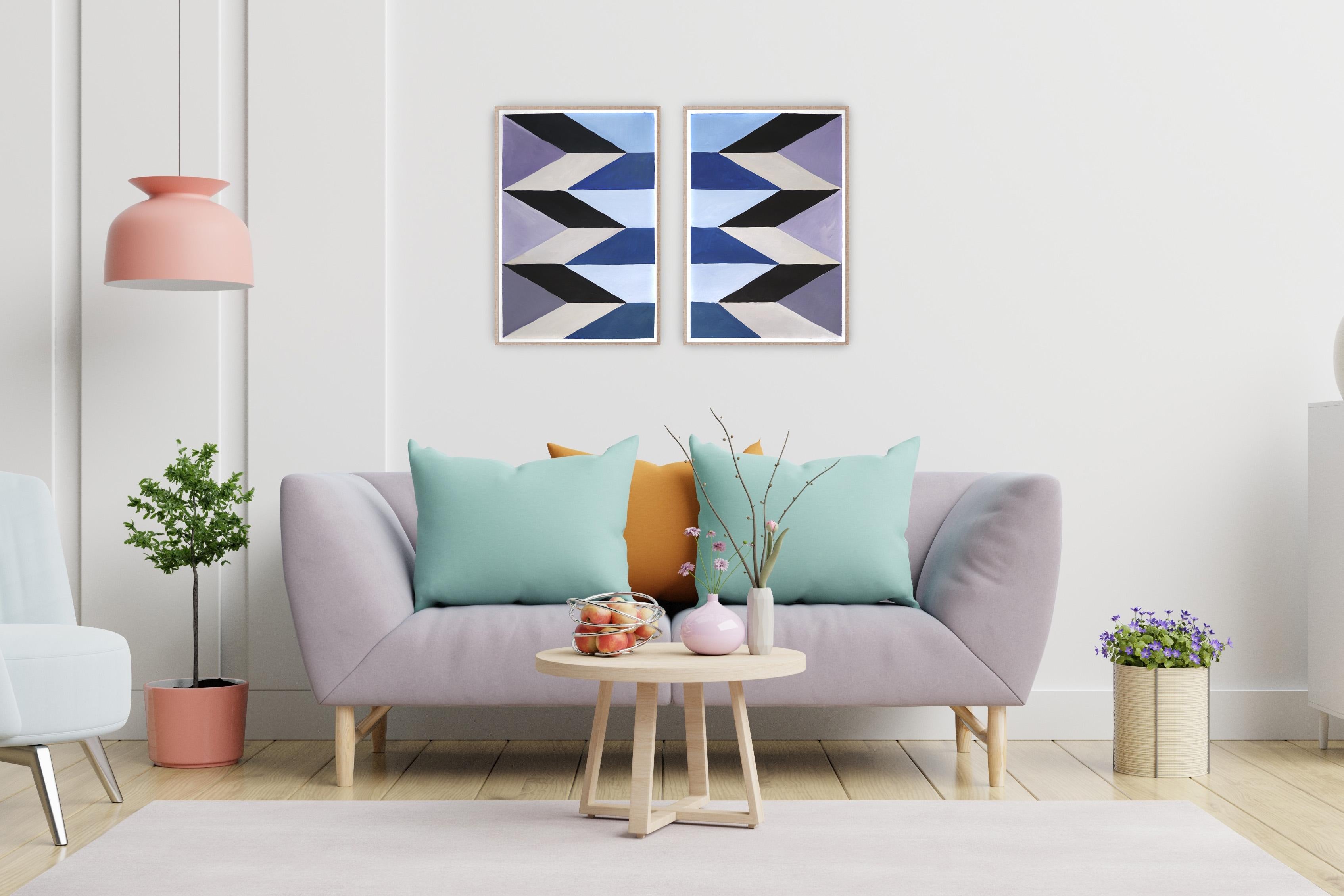 Scale surreali, dittico Miraggio, toni freddi, arco Art Deco blu, malva e nero 1