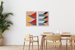 Surreal Temple Stairs, Geometric Architecture Diptych, Blue and Yellow Landscape