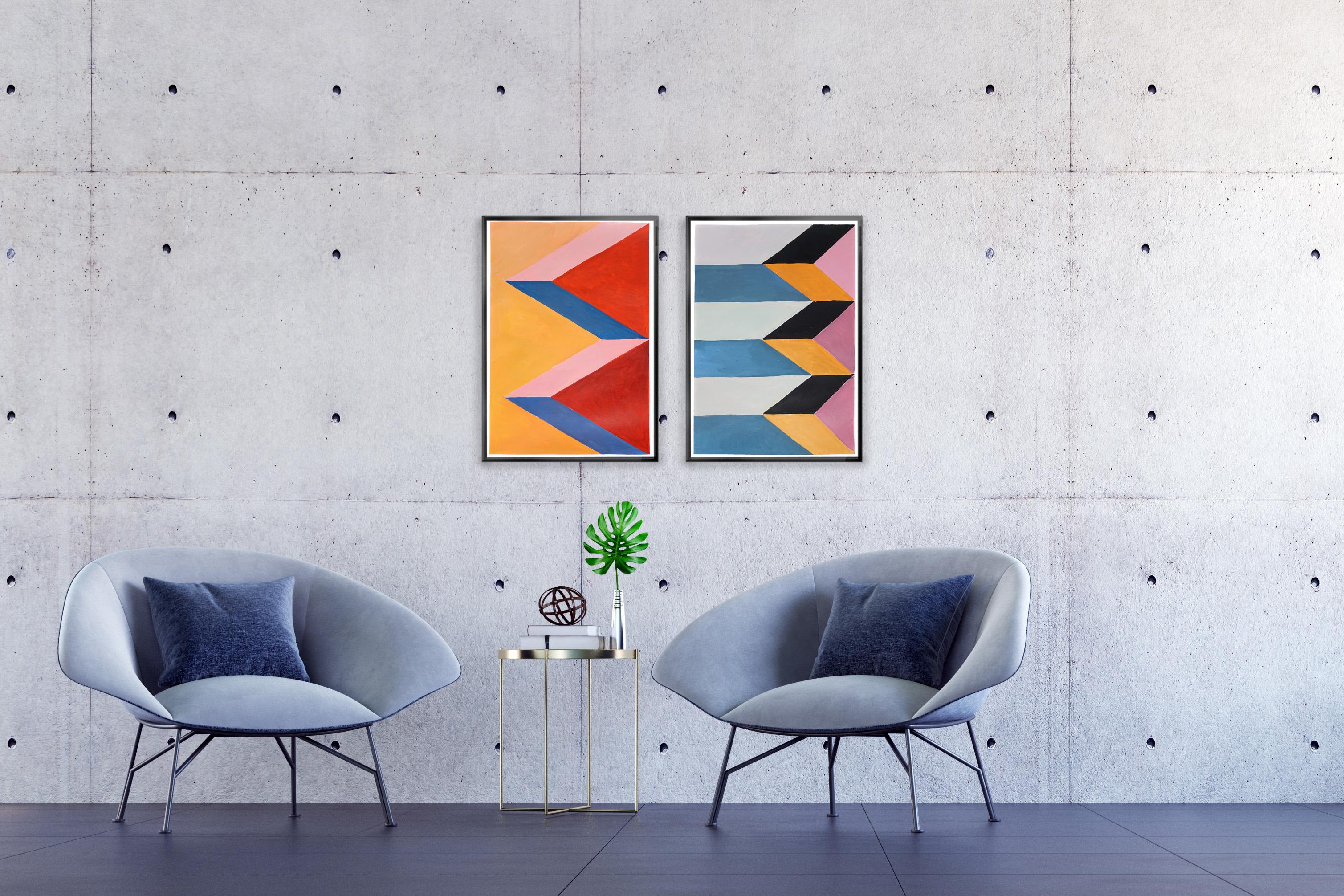 Surreal Temple Stairs, Geometric Architecture Diptych, Blue and Yellow Landscape For Sale 2