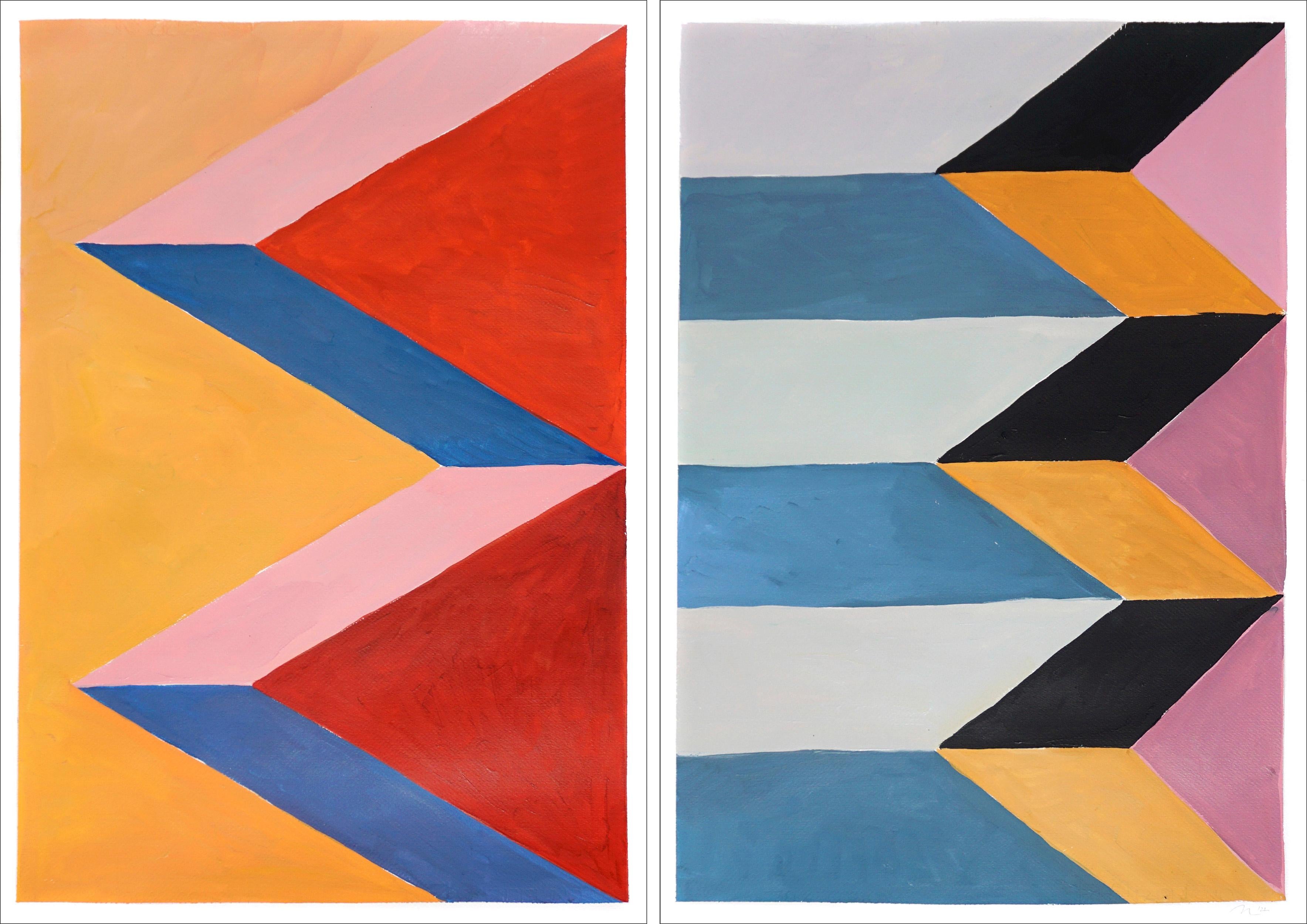 Natalia Roman Landscape Painting - Surreal Temple Stairs, Geometric Architecture Diptych, Blue and Yellow Landscape