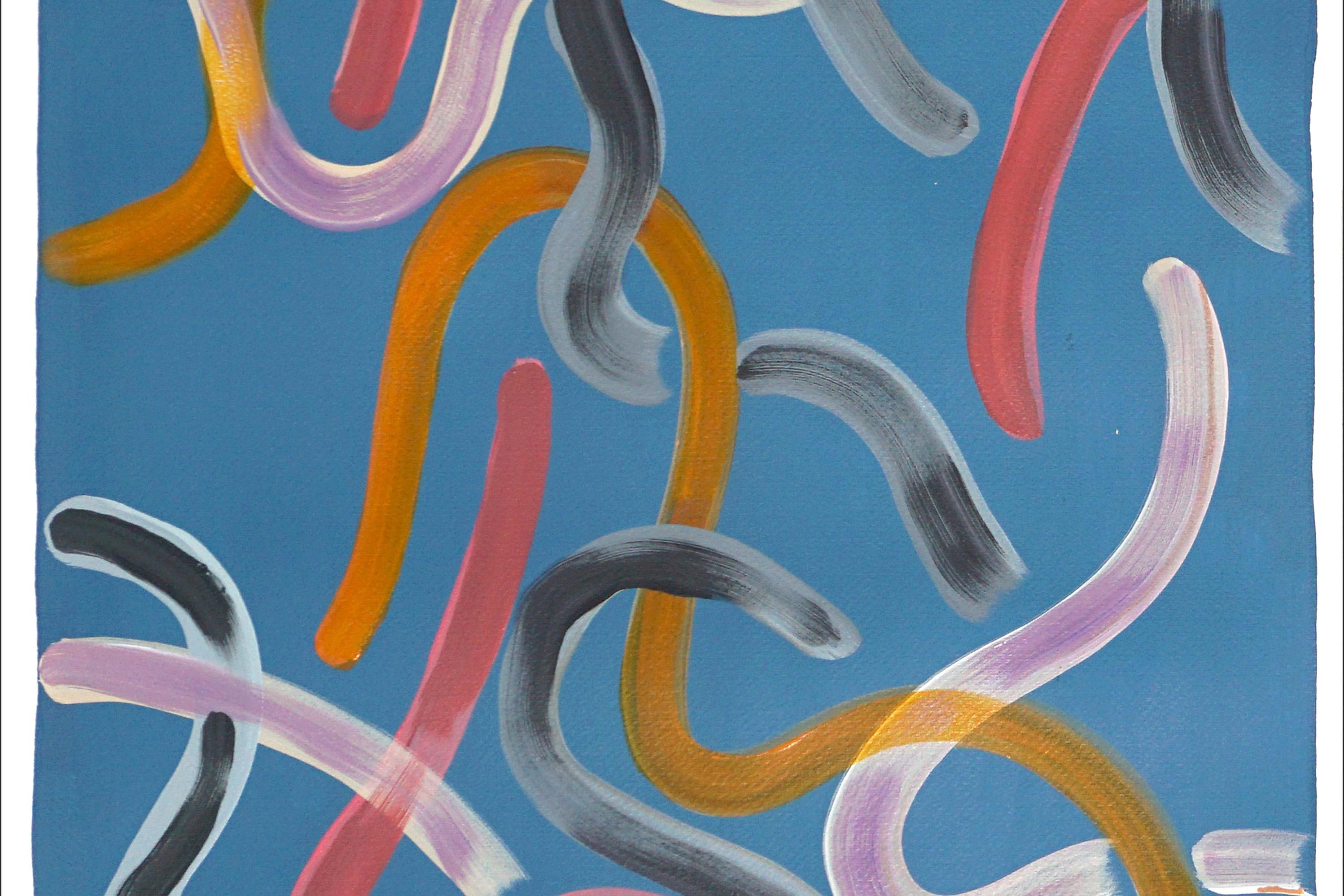 Tame Strokes on Indigo Blue, Twilight Pink and Yellow, Abstract Diptych, Paper  1
