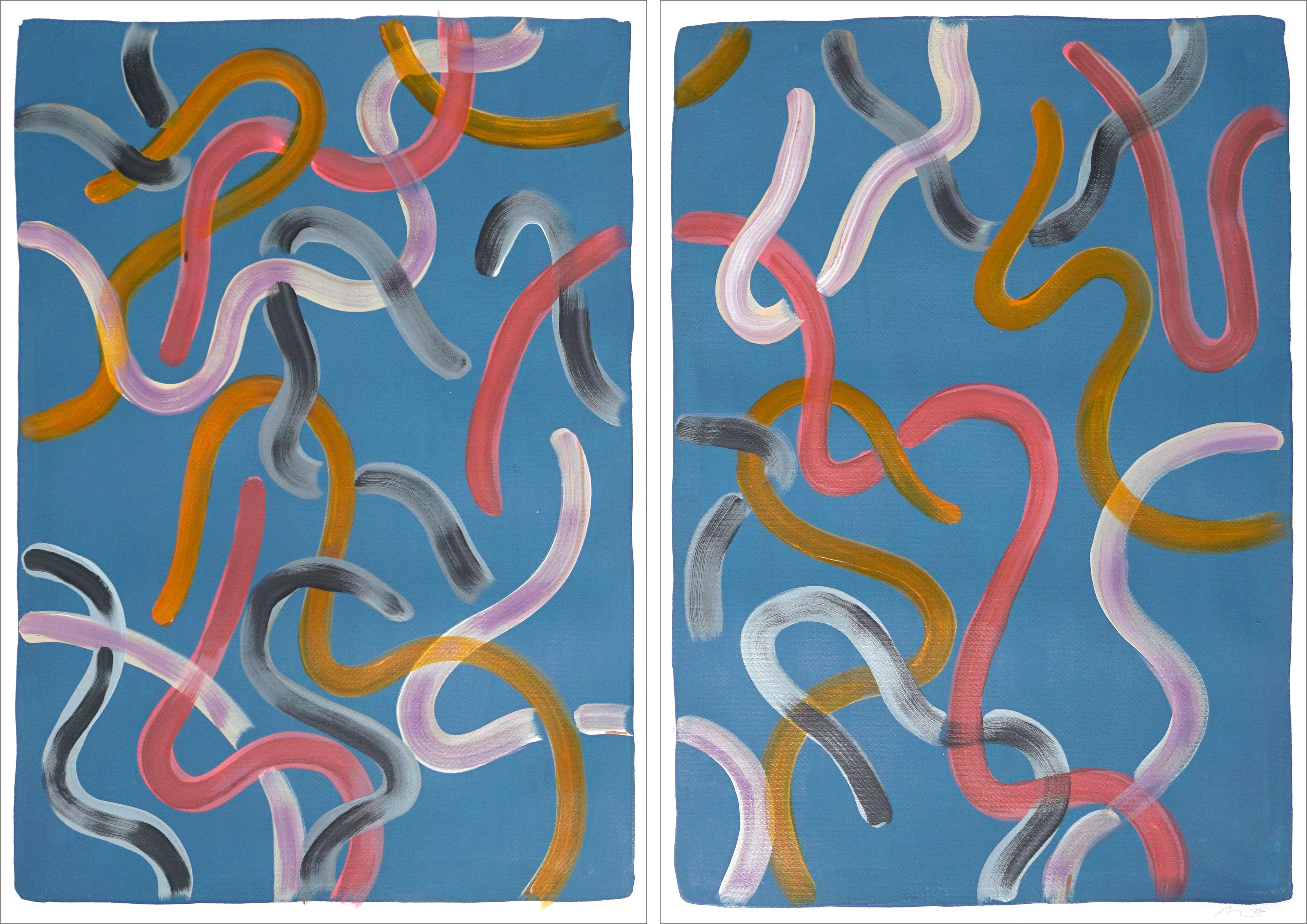 Natalia Roman Abstract Painting - Tame Strokes on Indigo Blue, Twilight Pink and Yellow, Abstract Diptych, Paper 