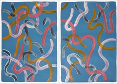 Tame Strokes on Indigo Blue, Twilight Pink and Yellow, Abstract Diptych, Paper 