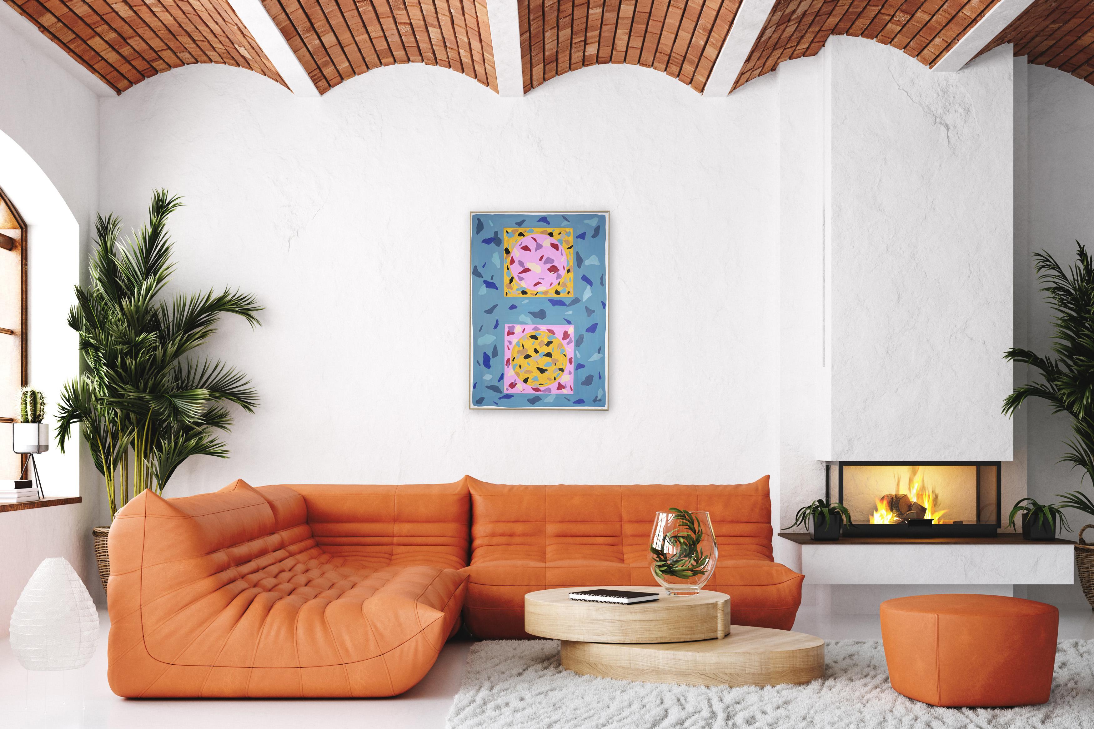 Terrazzo Dinner Table, Pink and Blue Tones, Geometric Shapes, Watercolor Paper - Painting by Natalia Roman