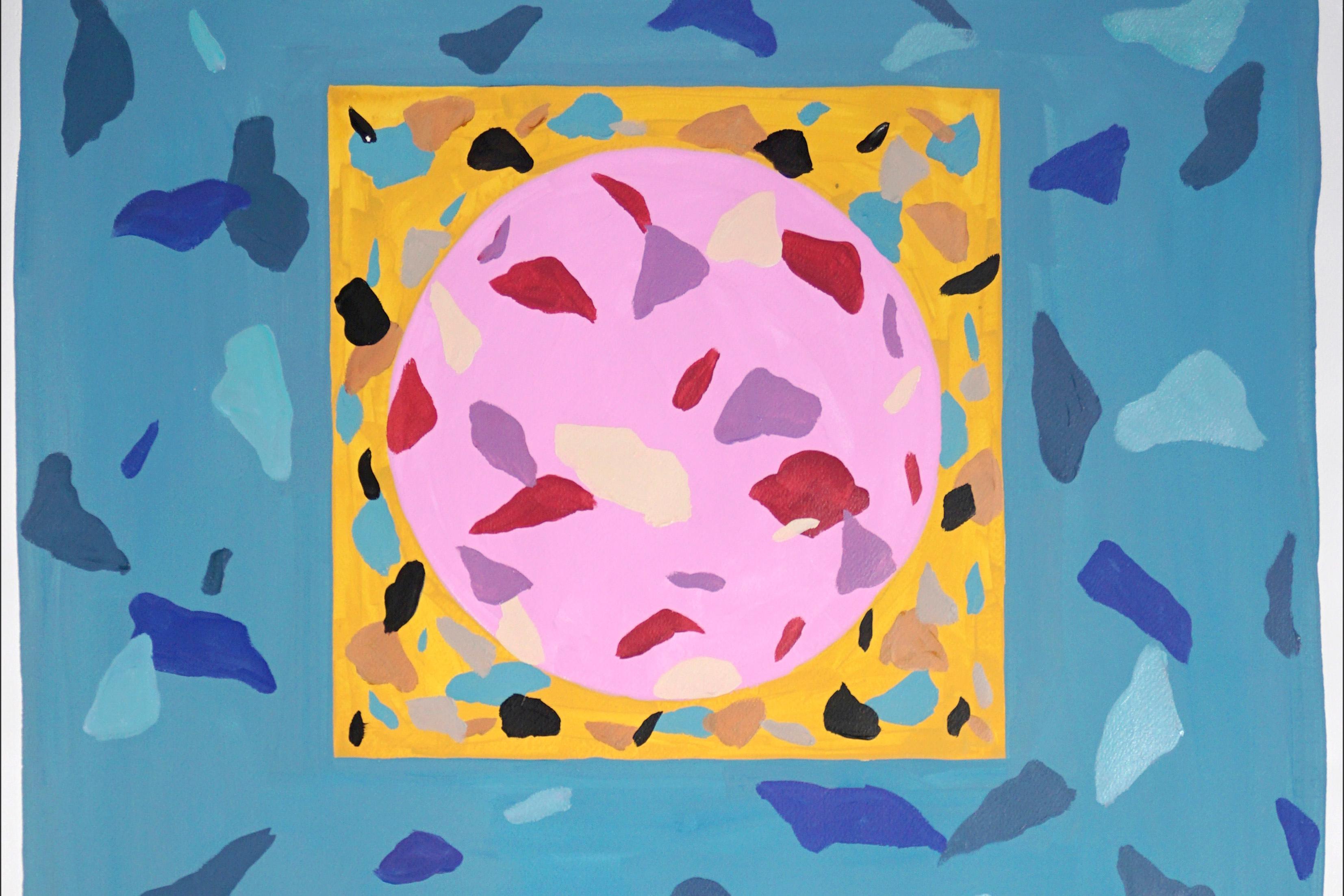Terrazzo Dinner Table, Pink and Blue Tones, Geometric Shapes, Watercolor Paper - Abstract Impressionist Painting by Natalia Roman