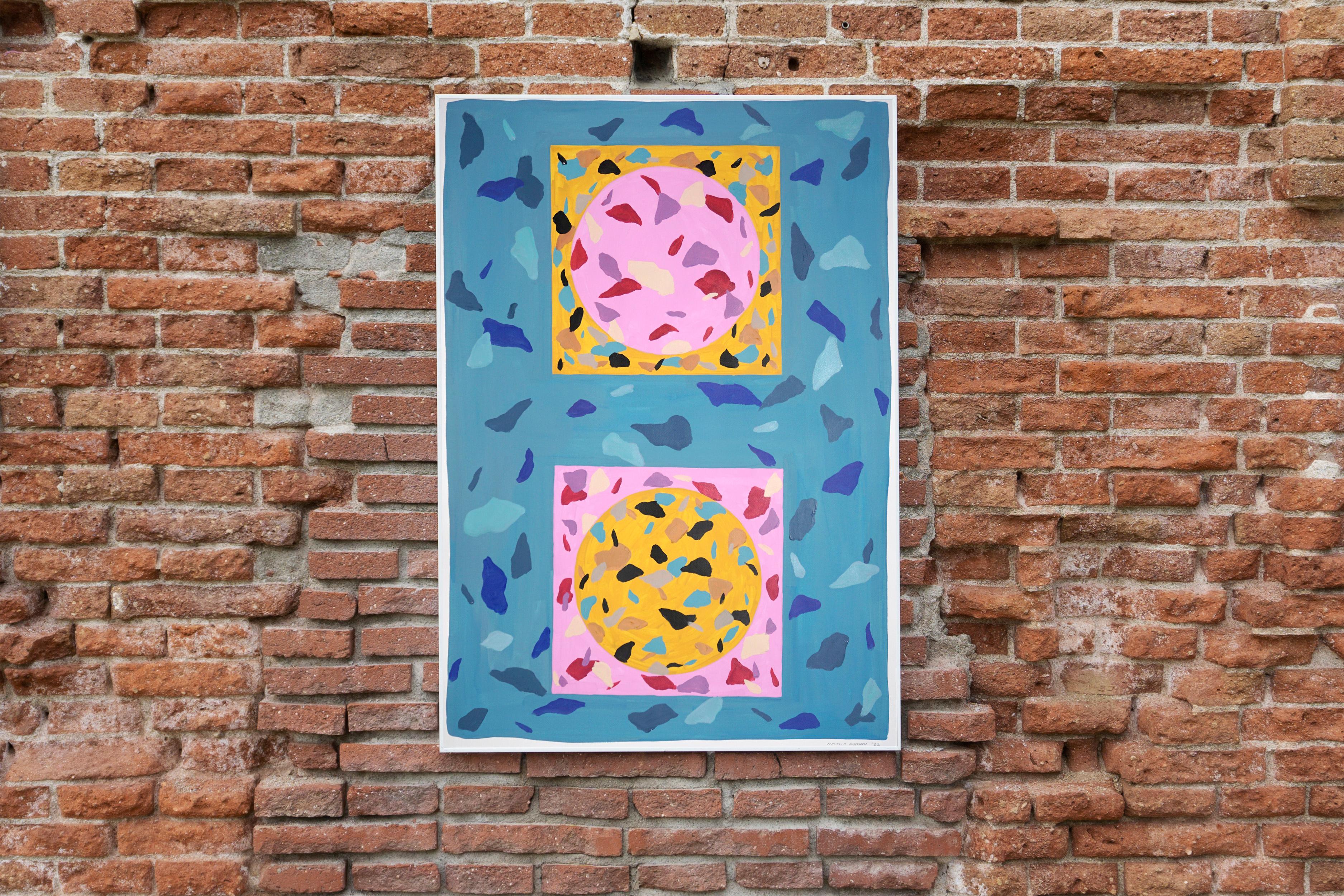 Terrazzo Dinner Table, Pink and Blue Tones, Geometric Shapes, Watercolor Paper For Sale 1