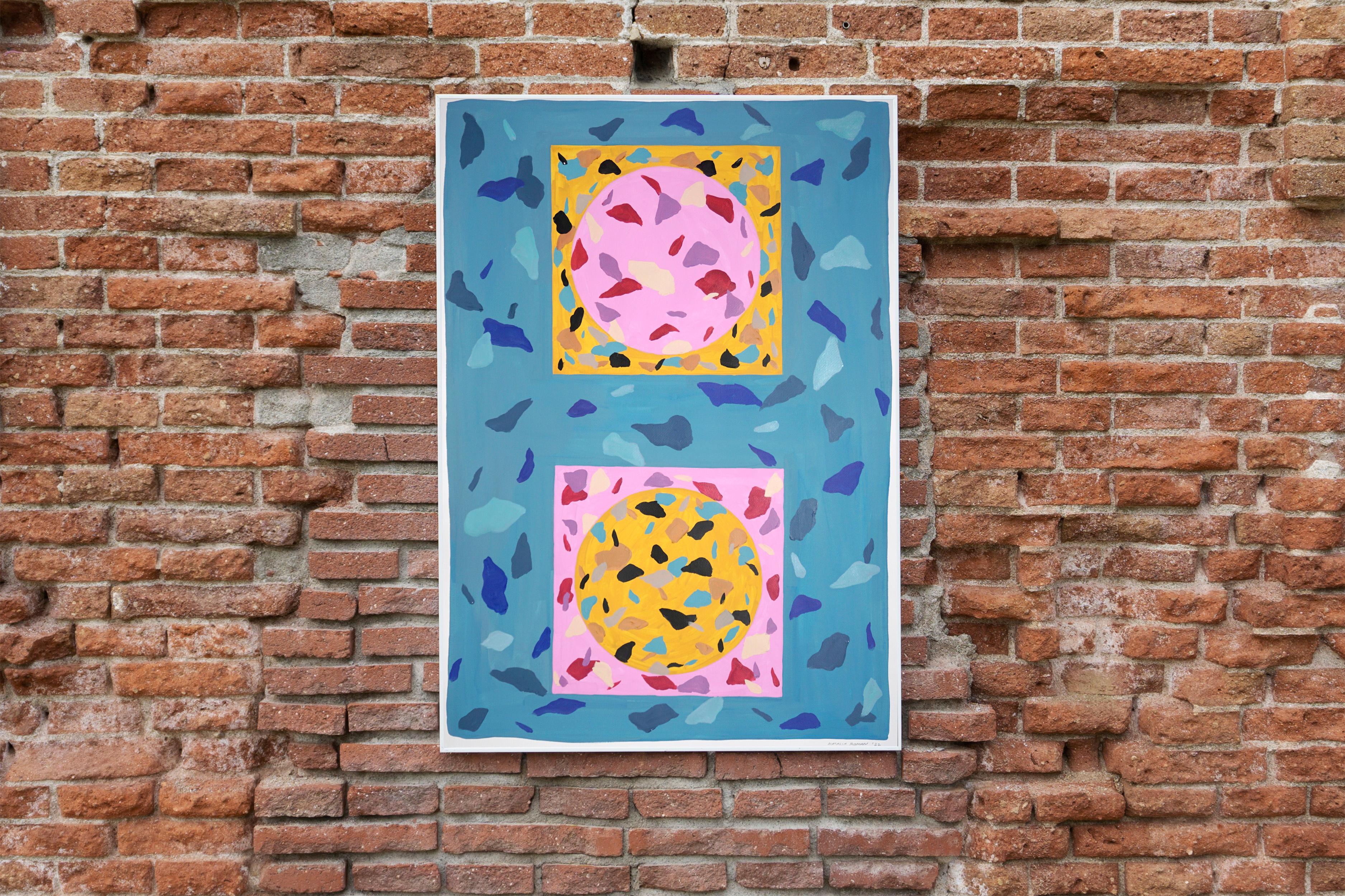 Terrazzo Dinner Table, Pink and Blue Tones Abstract Floating Shapes on Paper For Sale 1