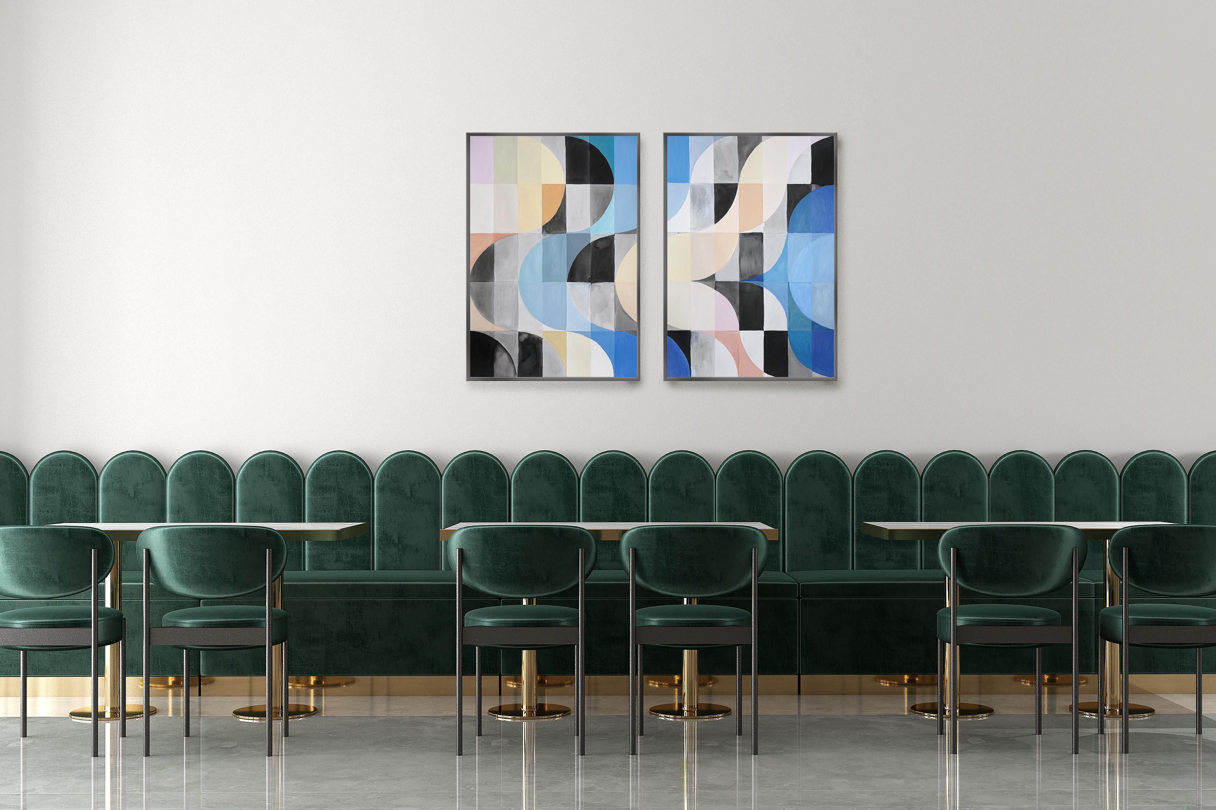 The Mirage, Mosaic Diptych in Black, Blue, Beige Grid, Geometric Bauhaus Tiles - Painting by Natalia Roman