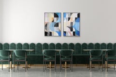 The Mirage, Mosaic Diptych in Black, Blue, Beige Grid, Geometric Bauhaus Tiles