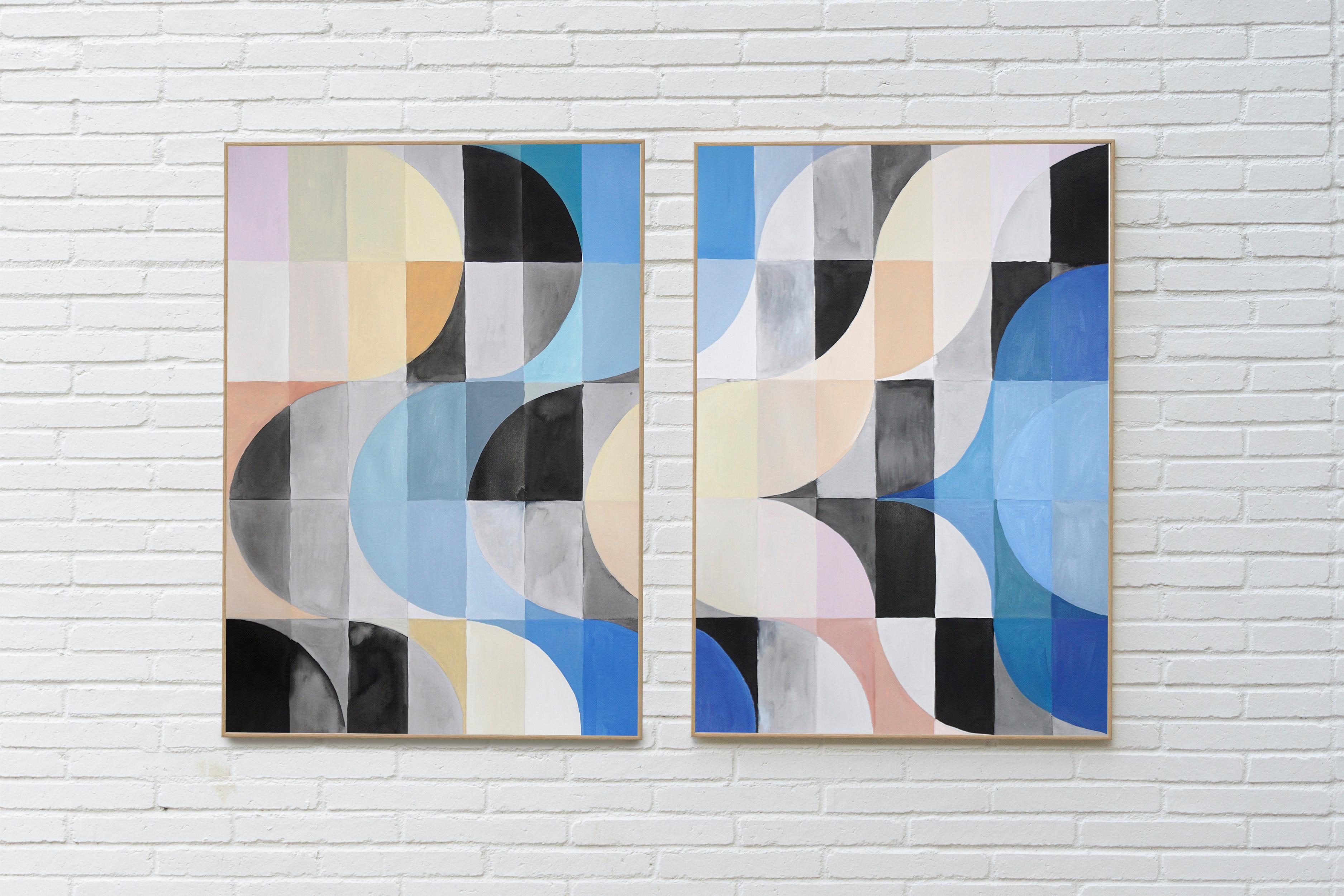 The Mirage, Mosaic Diptych in Black, Blue, Beige Grid, Geometric Bauhaus Tiles 2