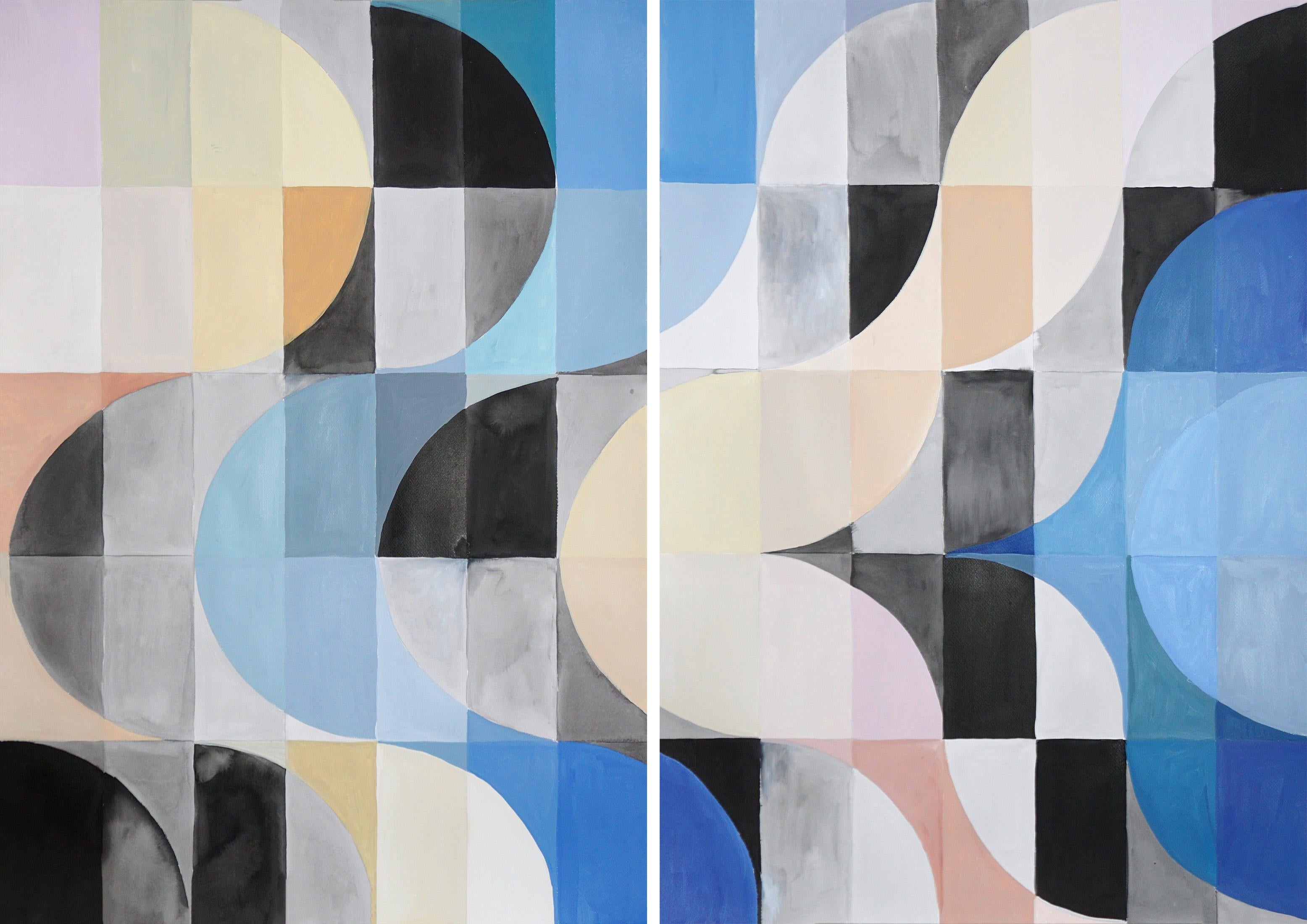 Natalia Roman Landscape Painting - The Mirage, Mosaic Diptych in Black, Blue, Beige Grid, Geometric Bauhaus Tiles