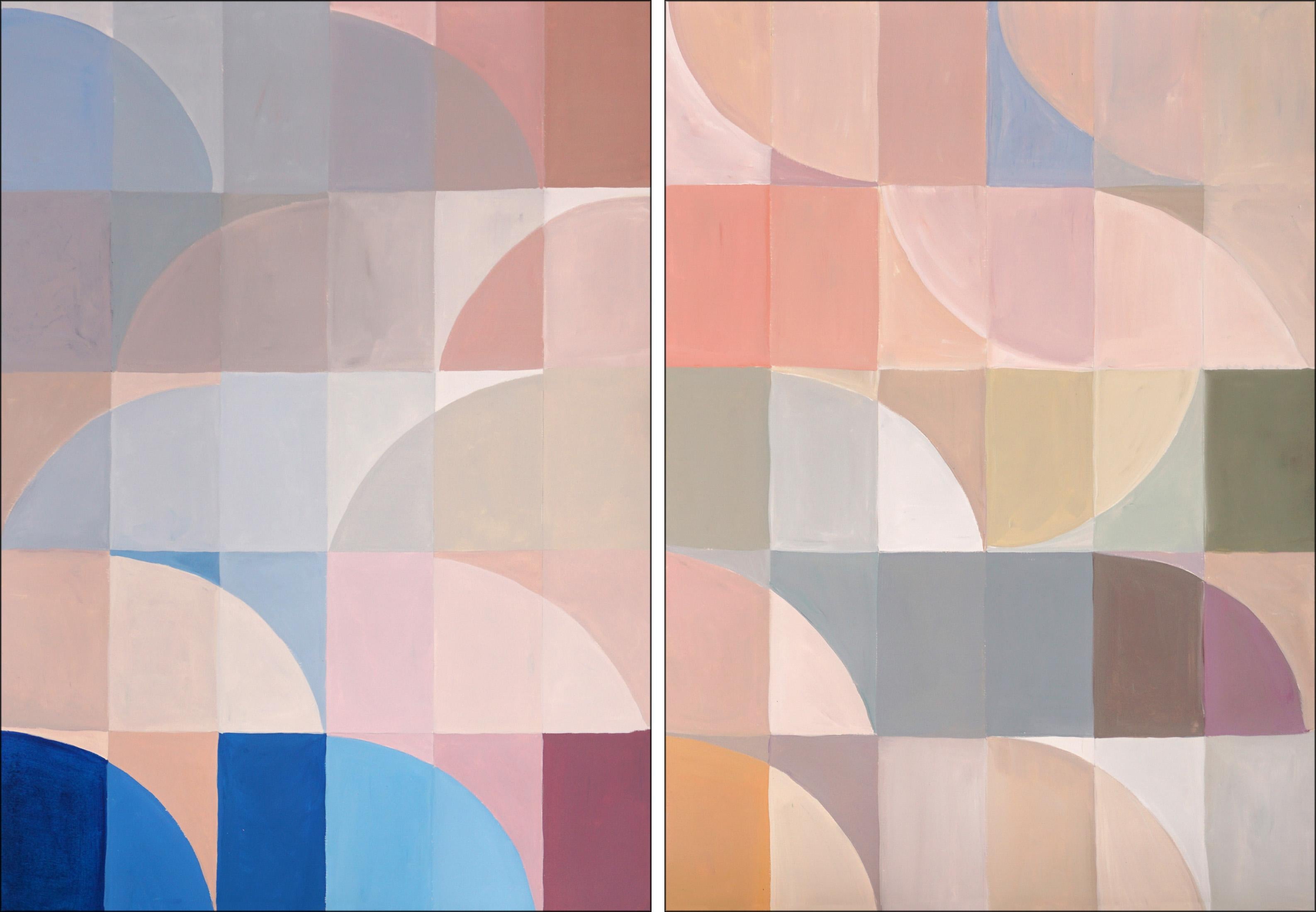 Natalia Roman Abstract Painting - The Quiet Room, Abstract Geometric Bauhaus Patterns, Earth Tones Hue, Diptych