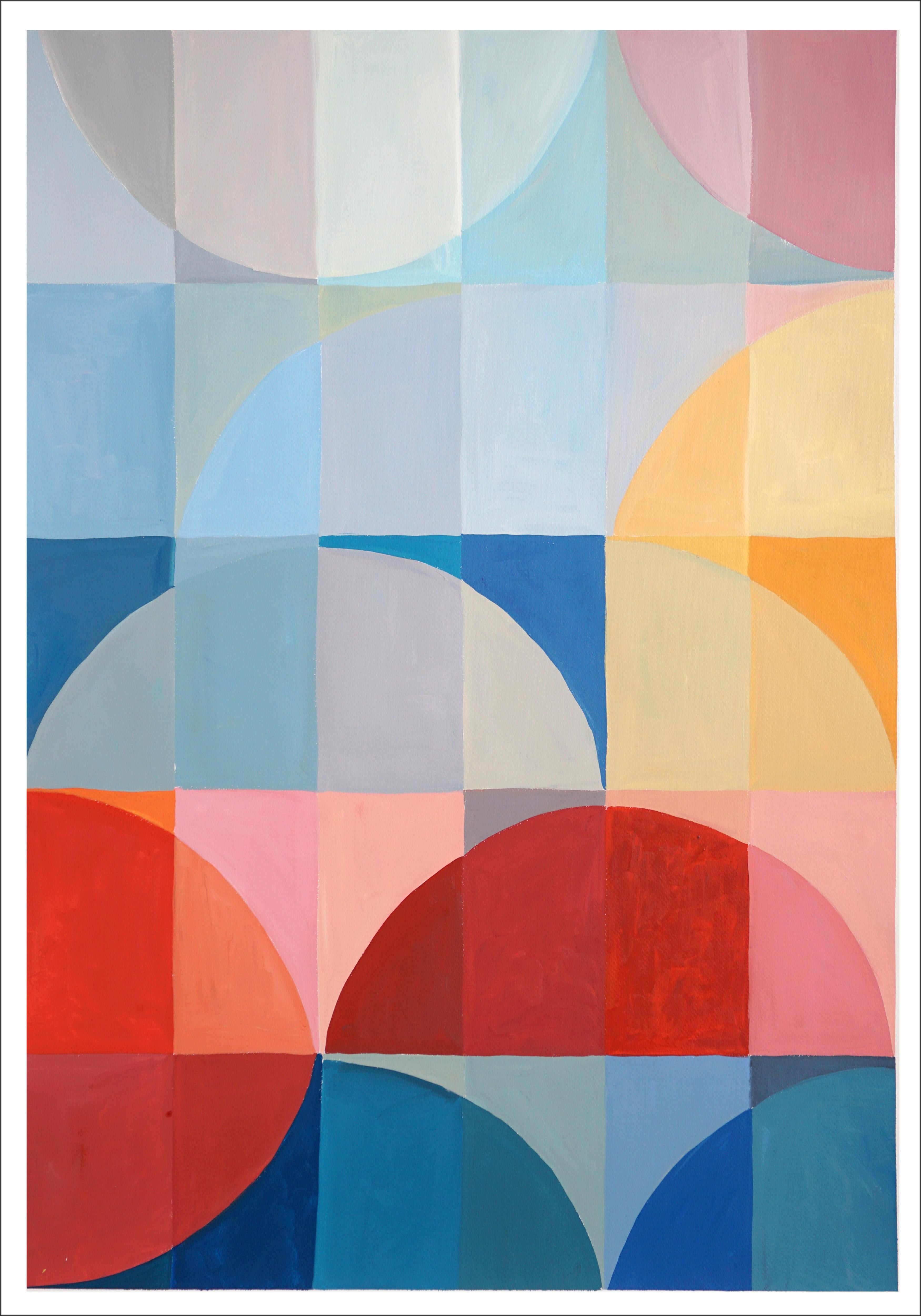 Natalia Roman Landscape Painting - The Red Boat, Bauhaus Grid Pattern Tiles, Parasol Primary Tones Squares and Arcs