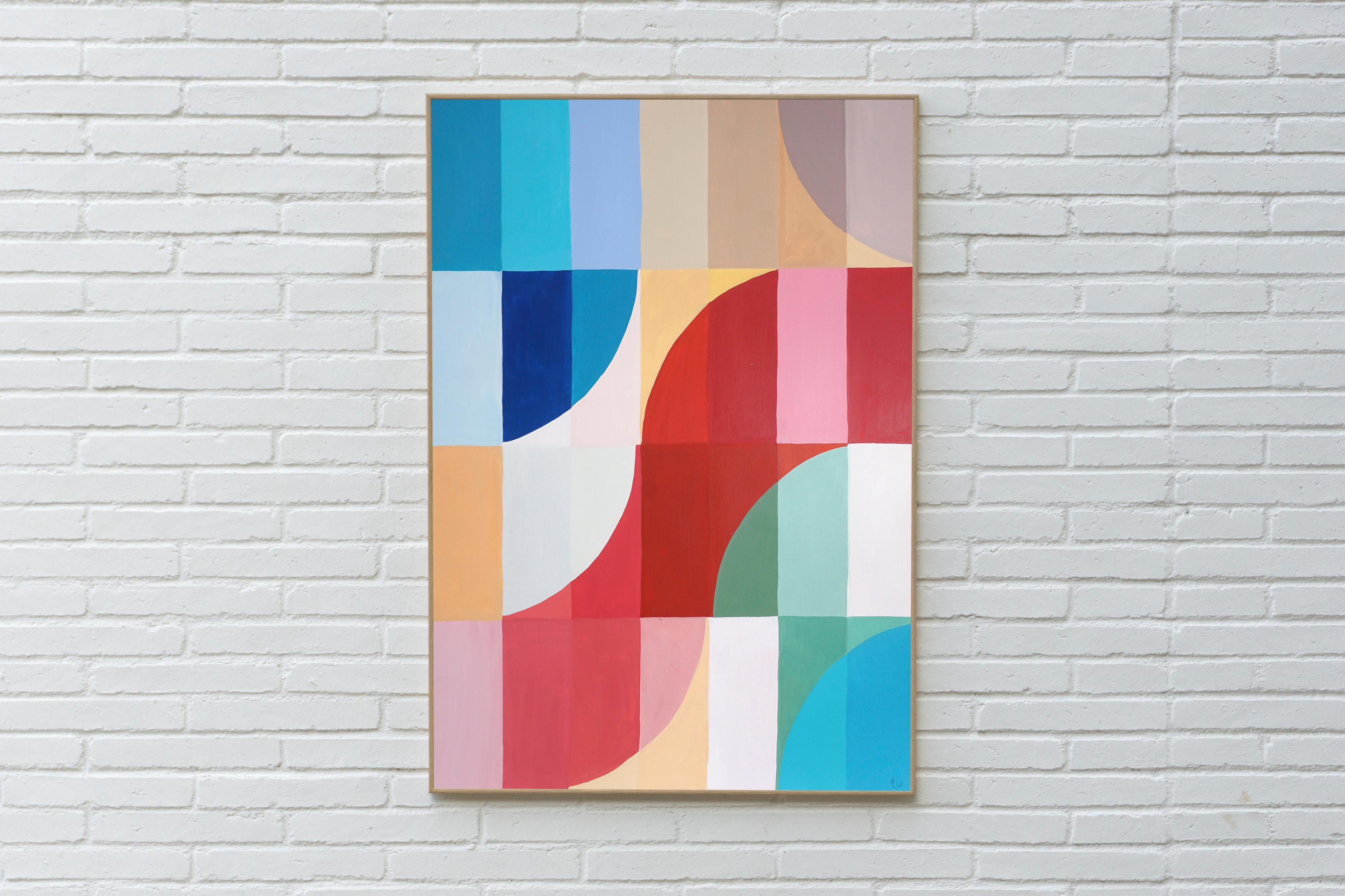 Lo Scivolo Rosso, Archi e Curve, Pittura Geometrica Bauhaus su toni vivaci 2025 - Painting di Natalia Roman