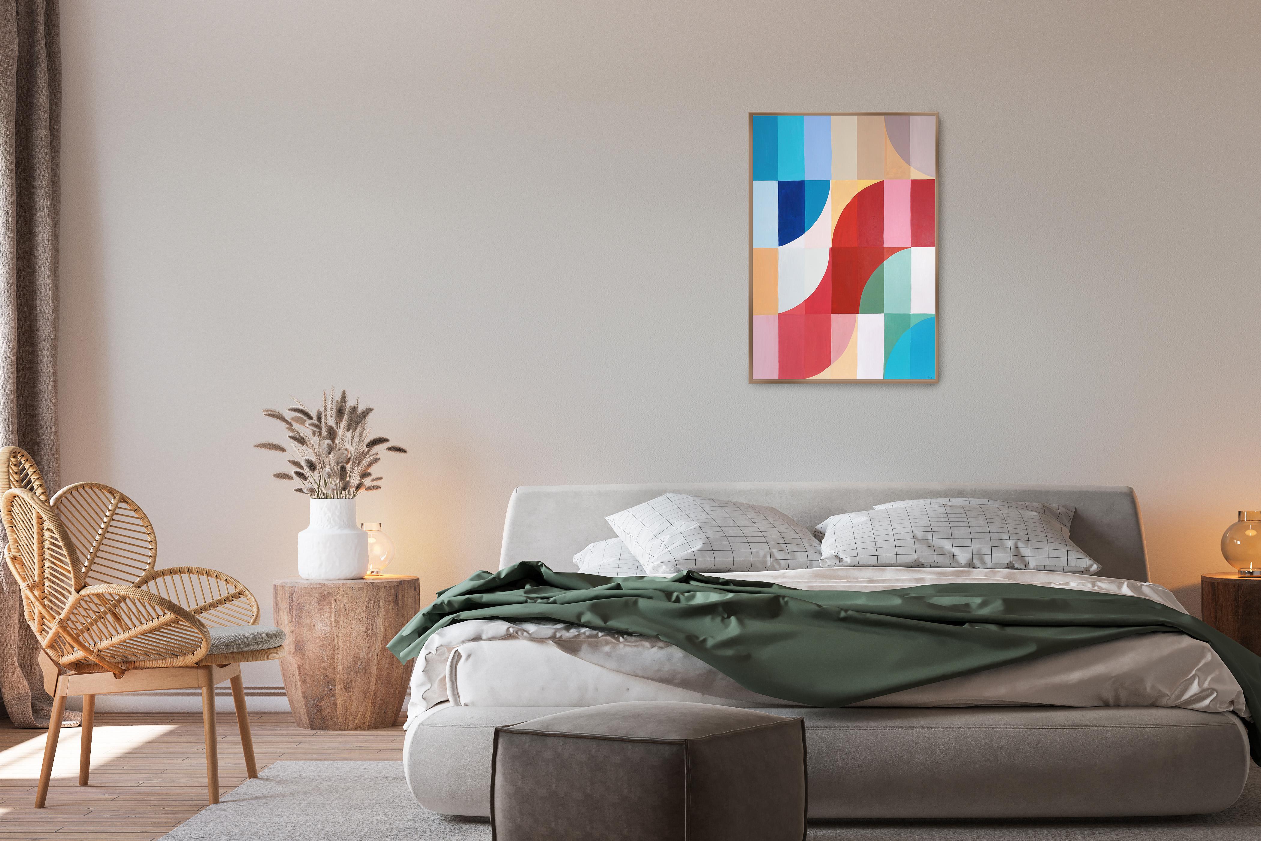 Questa serie di dipinti geometrici astratti di Natalia Roman trae ispirazione dalle griglie e dalle curve eleganti dell'architettura Bauhaus, esplorando allo stesso tempo variazioni di colore vivaci e brillanti. Gli archi e le curve, meticolosamente