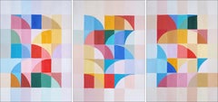 Three Windows View, Bauhaus Triptych Painting Mosaic in Primary Tones, Paper