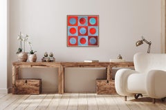 Tableau rouge carrelé, peinture carrée, cercles turquoise, motif géométrique abstrait