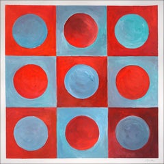 Kachelrotes Zimmer, quadratisches Gemälde, türkisfarbene Kreise, abstraktes geometrisches Muster 