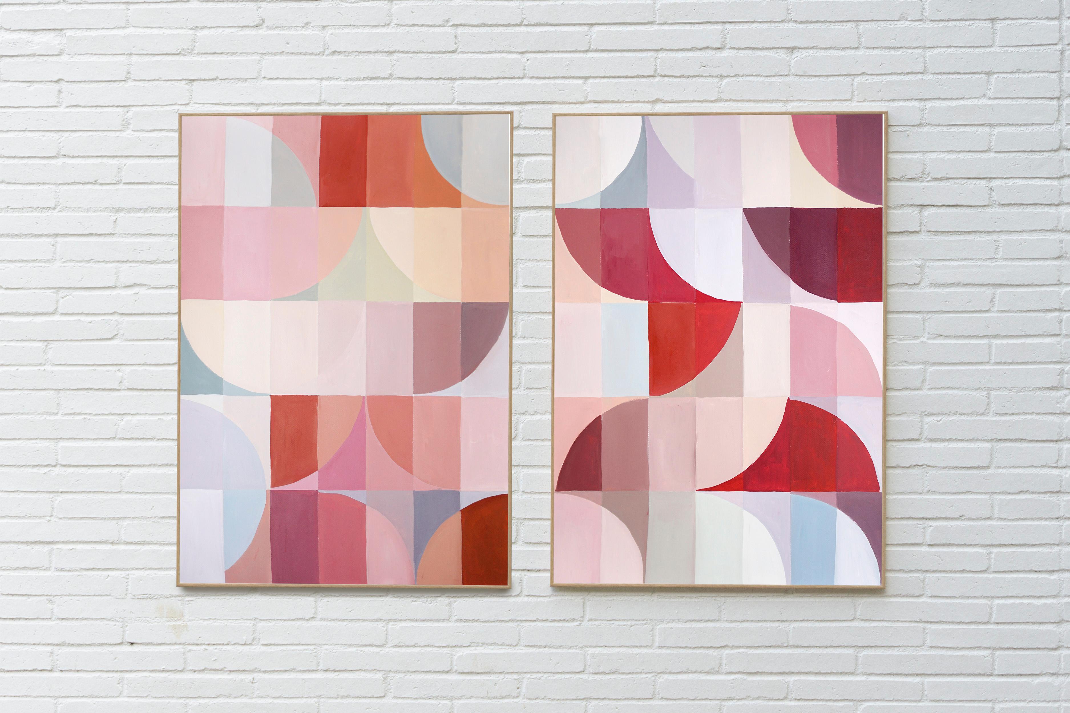 Traces of Rubies, Bauhaus Pattern Diptych, Red and Brown, Autumn Tones Pattern  - Painting by Natalia Roman