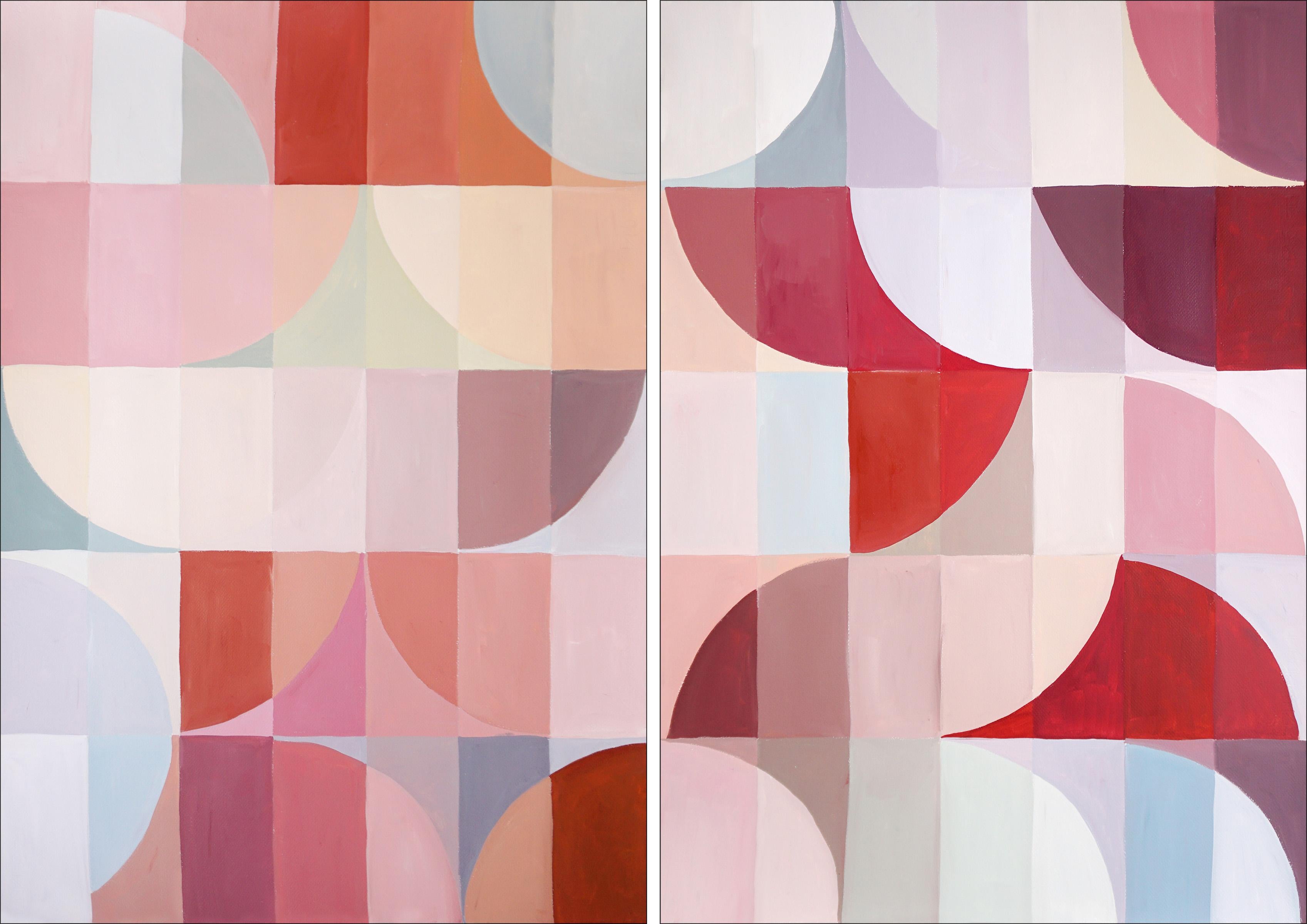 Natalia Roman Abstract Painting - Traces of Rubies, Bauhaus Pattern Diptych, Red and Brown, Autumn Tones Pattern 