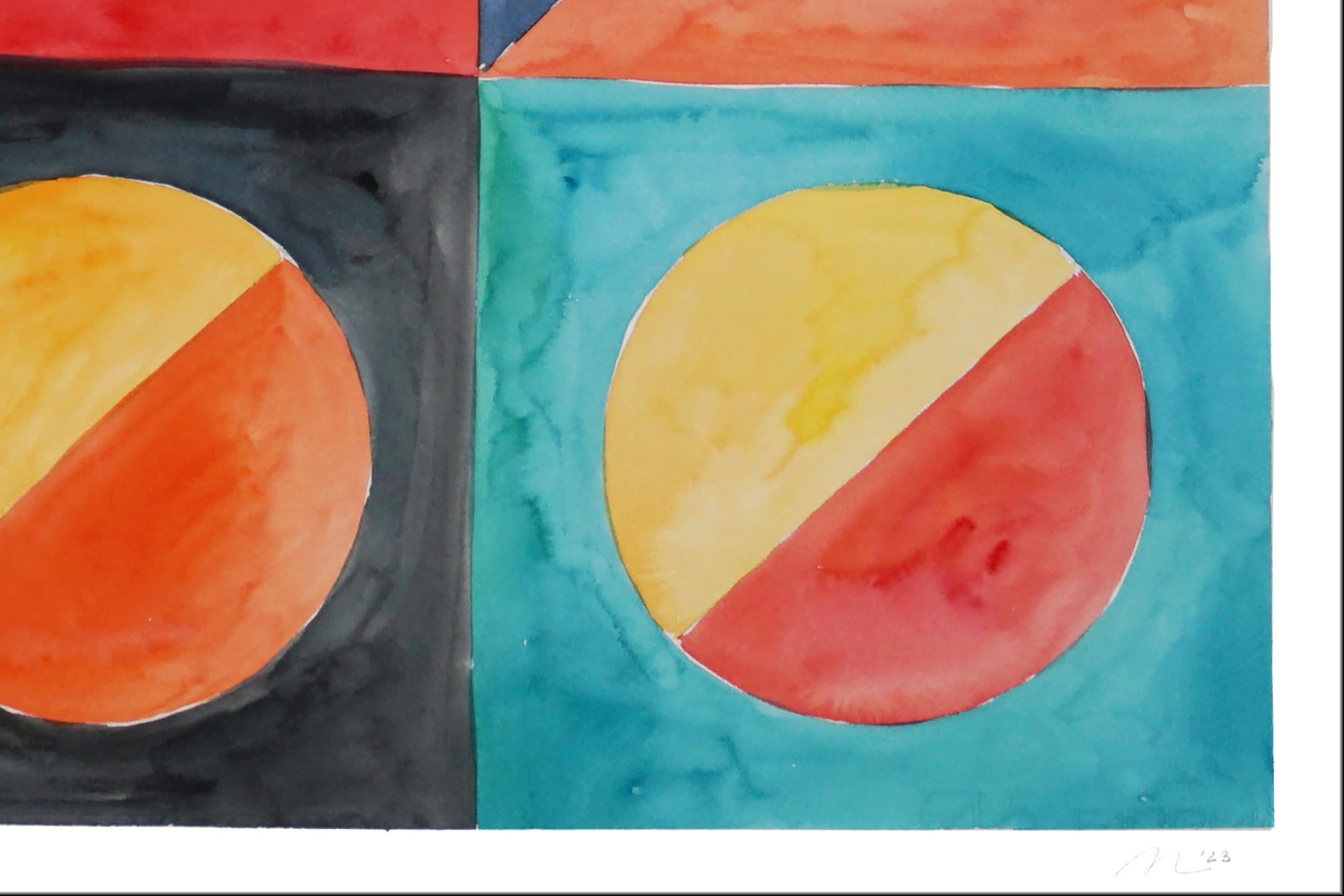 Travelling Suns in The Rainforest, Watercolor Diptych, Black and Yellow Bauhaus For Sale 1