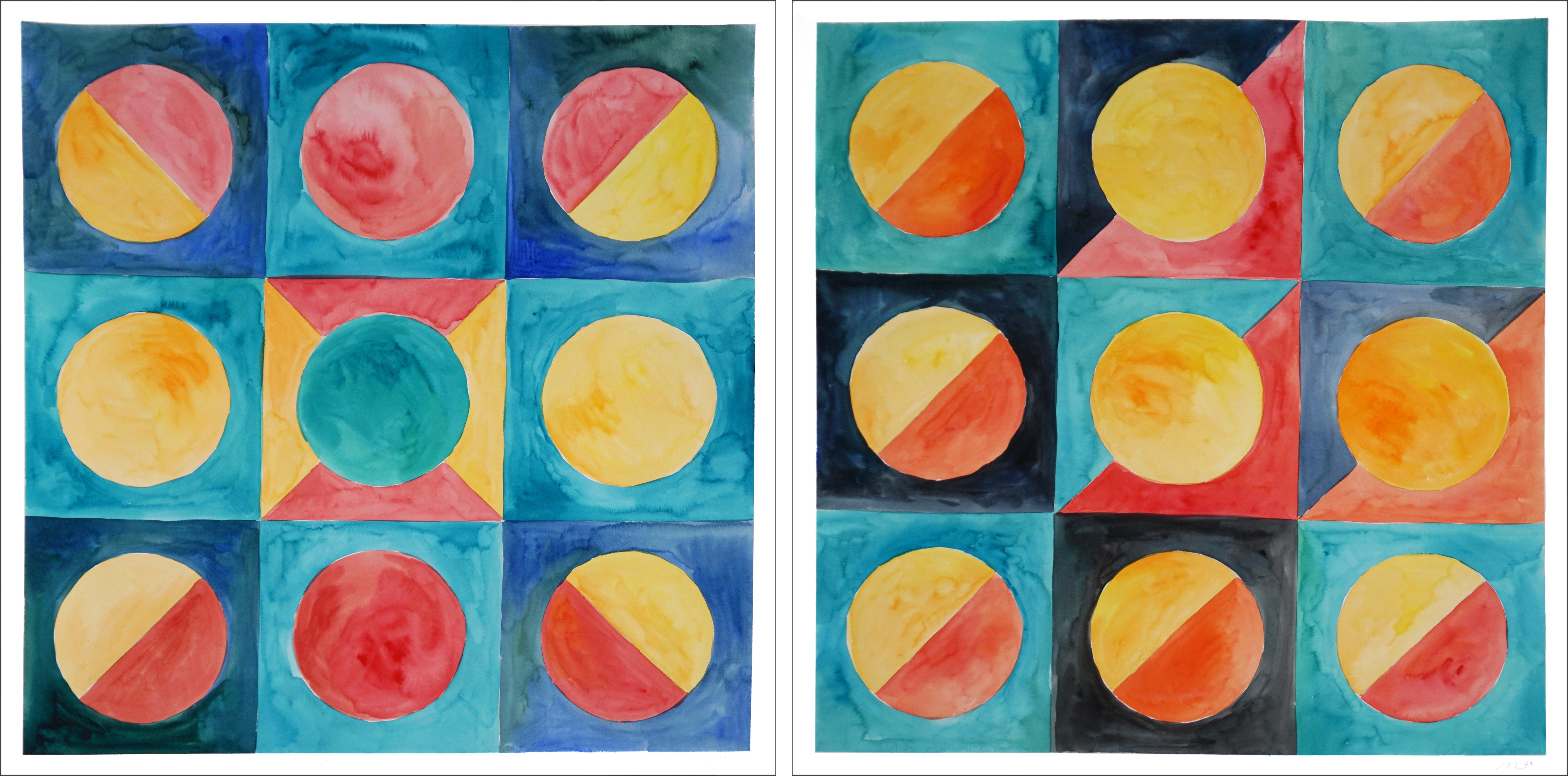 Travelling Suns in The Rainforest, Watercolor Diptych, Black and Yellow Bauhaus