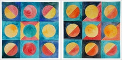 Travelling Suns in The Rainforest, Watercolor Diptych, Black and Yellow Bauhaus