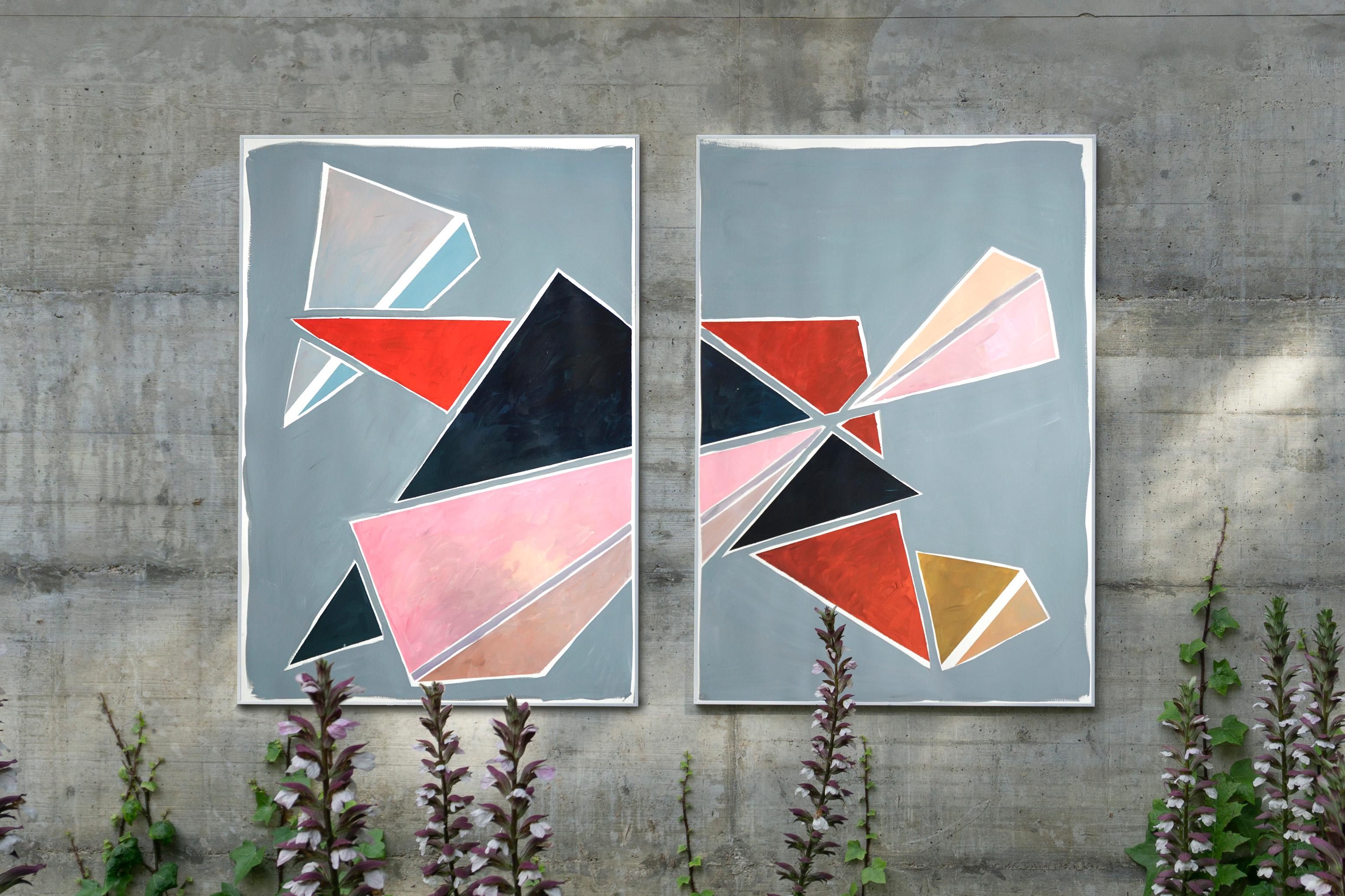 Triangles Breaking Symmetry, Extra Large Diptych, Pastel Futuristic Geometry - Painting by Natalia Roman