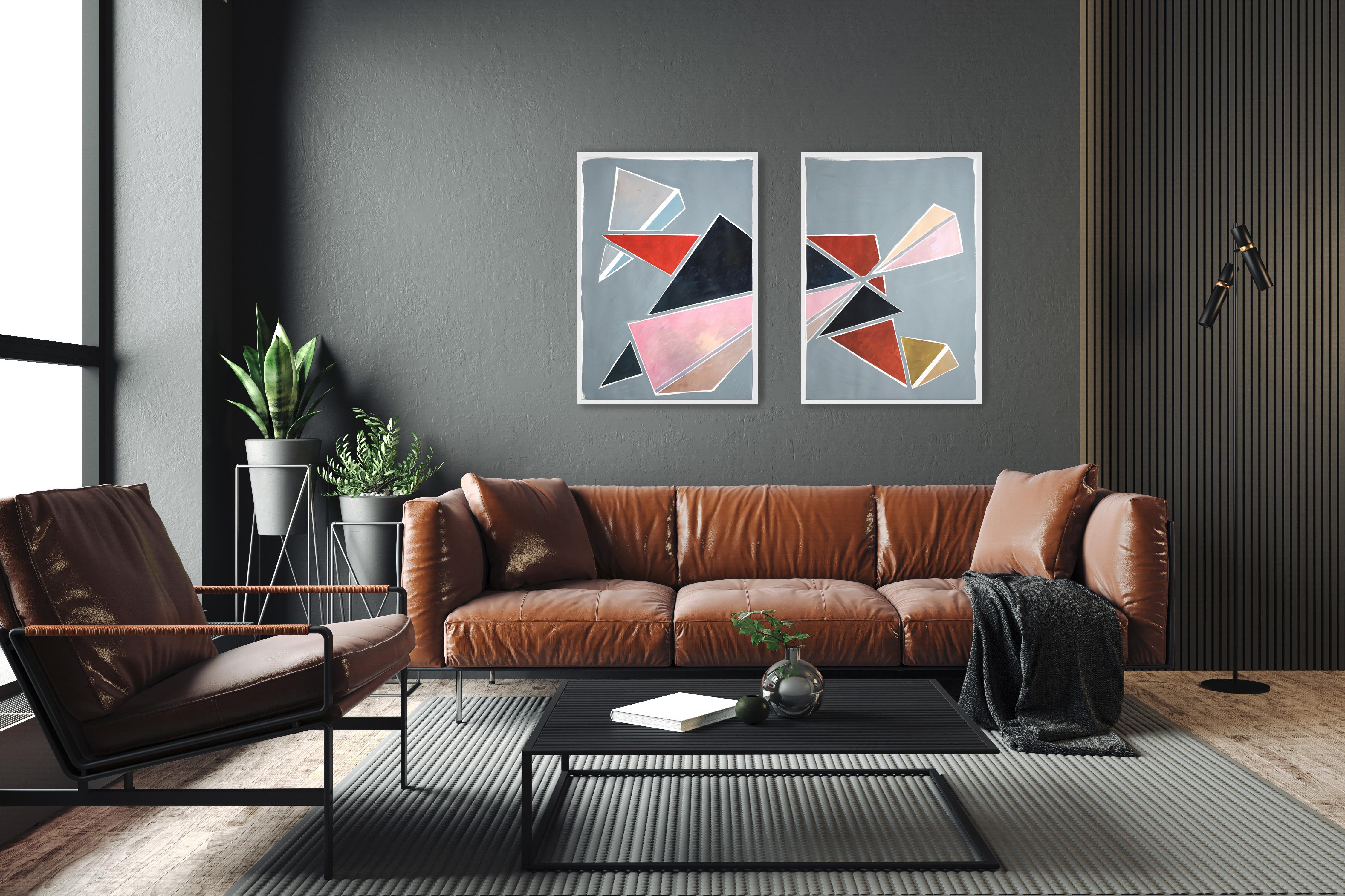Triangles Breaking Symmetry, Extra Large Diptych, Pastel Futuristic Geometry - Gray Abstract Painting by Natalia Roman