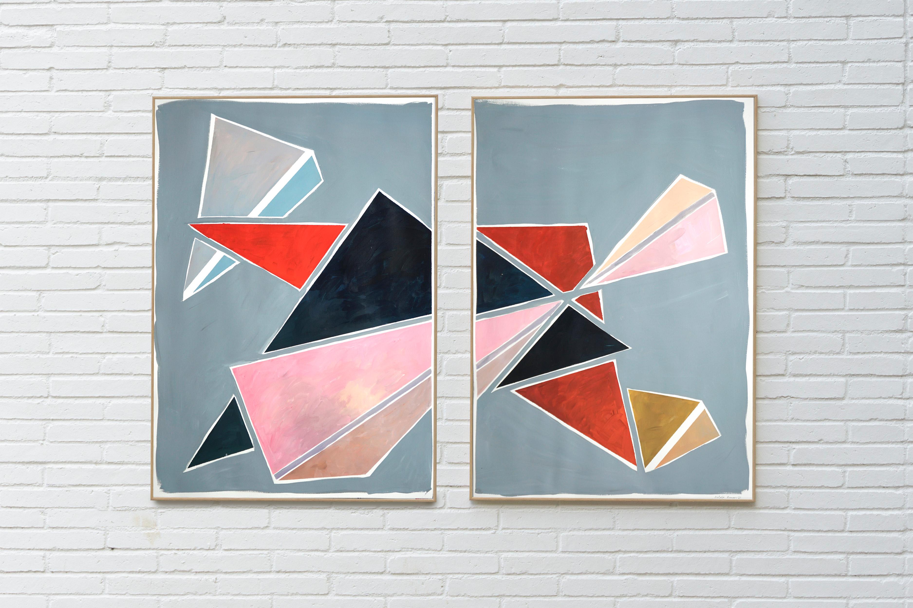 Triangles Breaking Symmetry, Extra Large Diptych, Pastel Futuristic Geometry 1