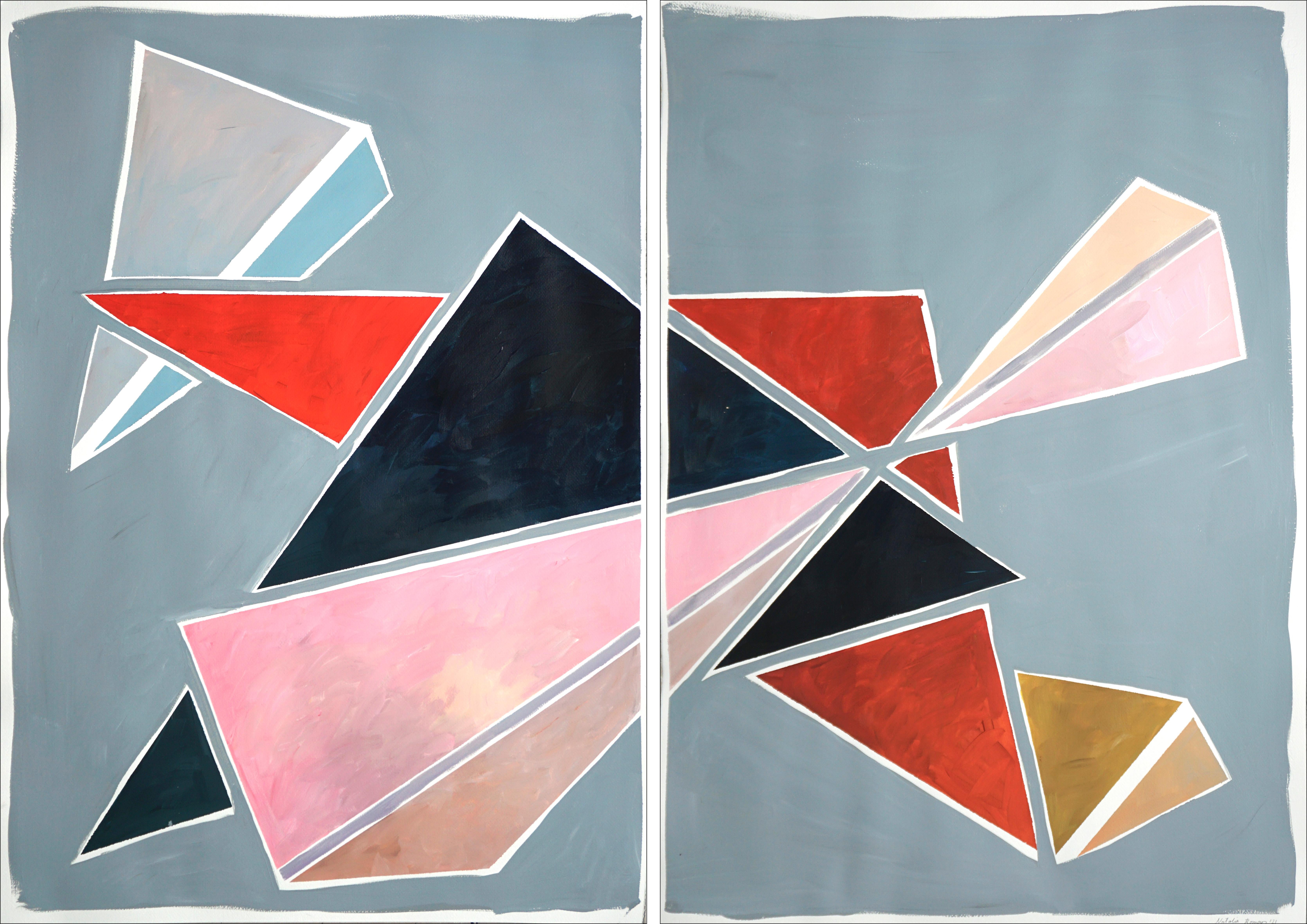 Natalia Roman Abstract Painting - Triangles Breaking Symmetry, Extra Large Diptych, Pastel Futuristic Geometry