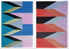 Tribal Geometric Zigzags, Rich Colors Diptych, Red and Blue Surreal Architecture
