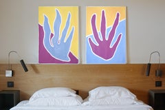 Tropical Vintage Painting of Duo of Colorful Seaweed, Purple, Yellow, Diptych