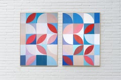 Tulip Breezeblocks, Bauhaus Diptych, Modern Modular Grid, Red and Blue on Paper