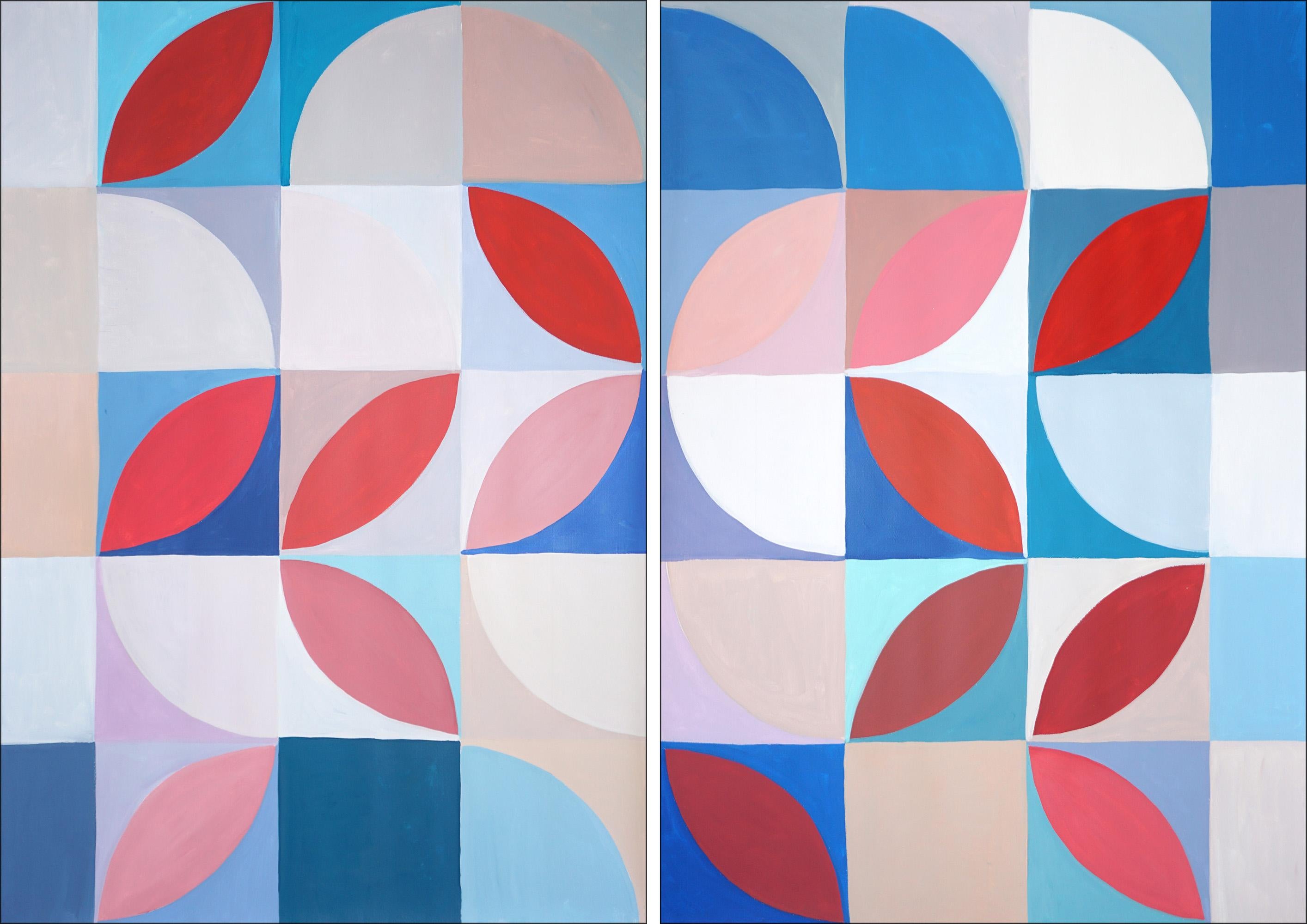 Tulip Breezeblocks, Bauhaus Diptych, Modern Modular Grid, Red and Blue on Paper