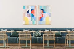 Two Views of Oneself, Geometric Bauhaus Mosaic Diptych, Rainbow Tones on Paper