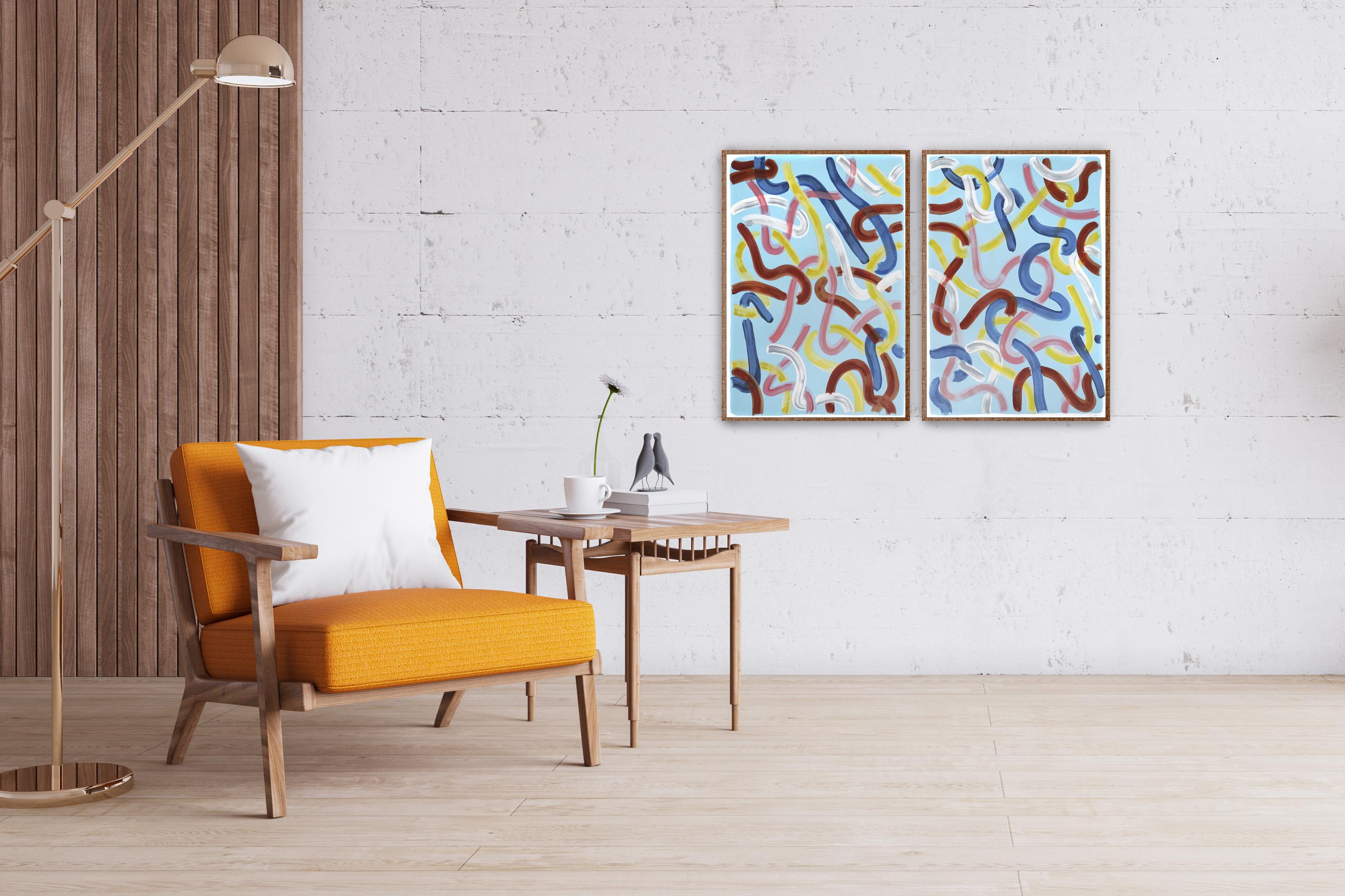 Urban Brushstrokes on Baby Blue, Funky Style, Rend and Yellow Gestures Diptych - Painting by Natalia Roman