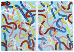 Urban Brushstrokes on Baby Blue, Funky Style, Rend and Yellow Gestures Diptych