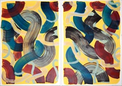 Urban City Flow on Cream, Turquoise and Red Brushstrokes Diptych on Paper, 2022