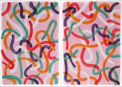 Urban Forms on Pink Sorbet, Fresh Movements Brushstrokes Diptych, Green, Yellow