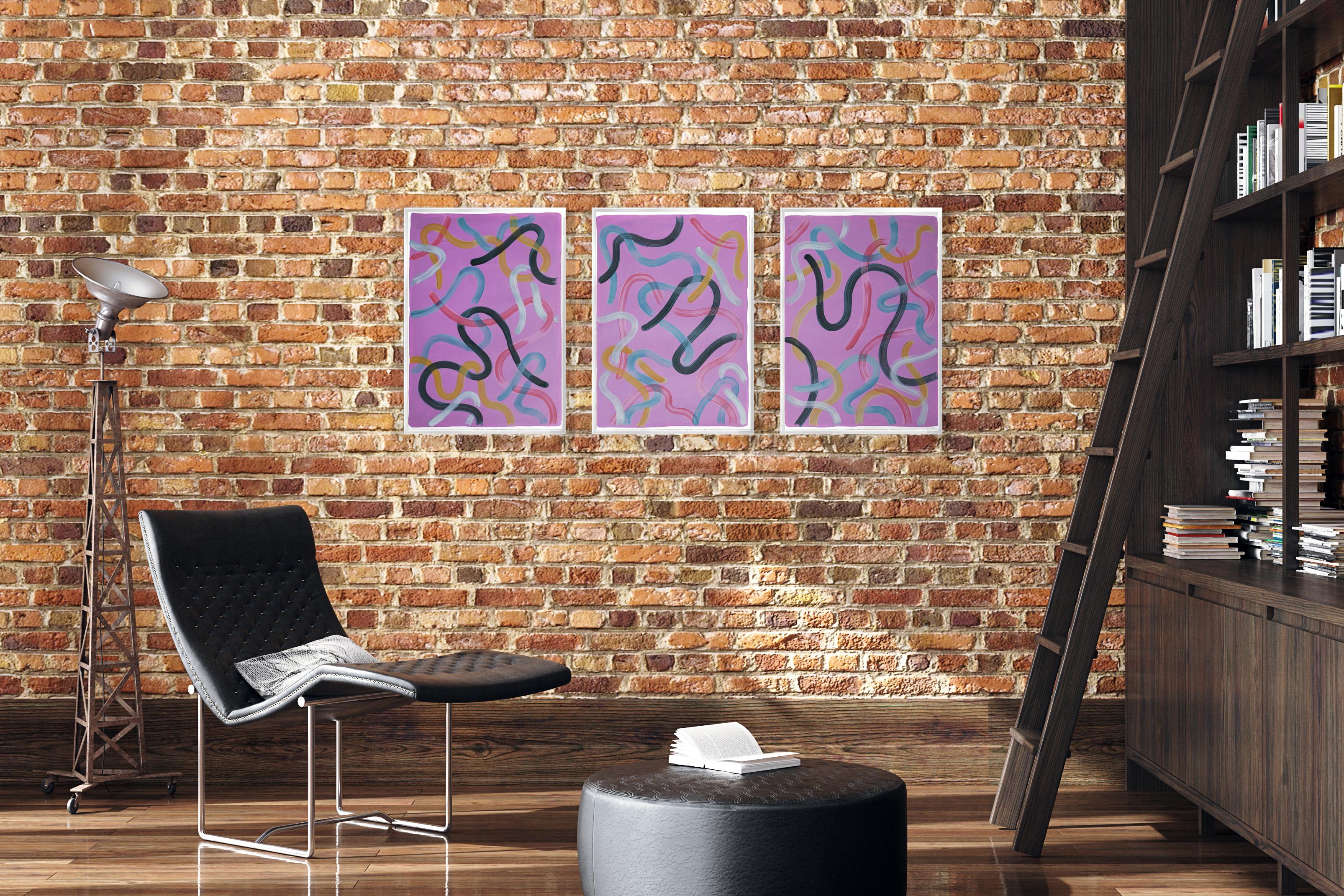 Violet Art Nouveau Moulding, Abstract Organic Triptych, Brush Gestures Pink Gray For Sale 4