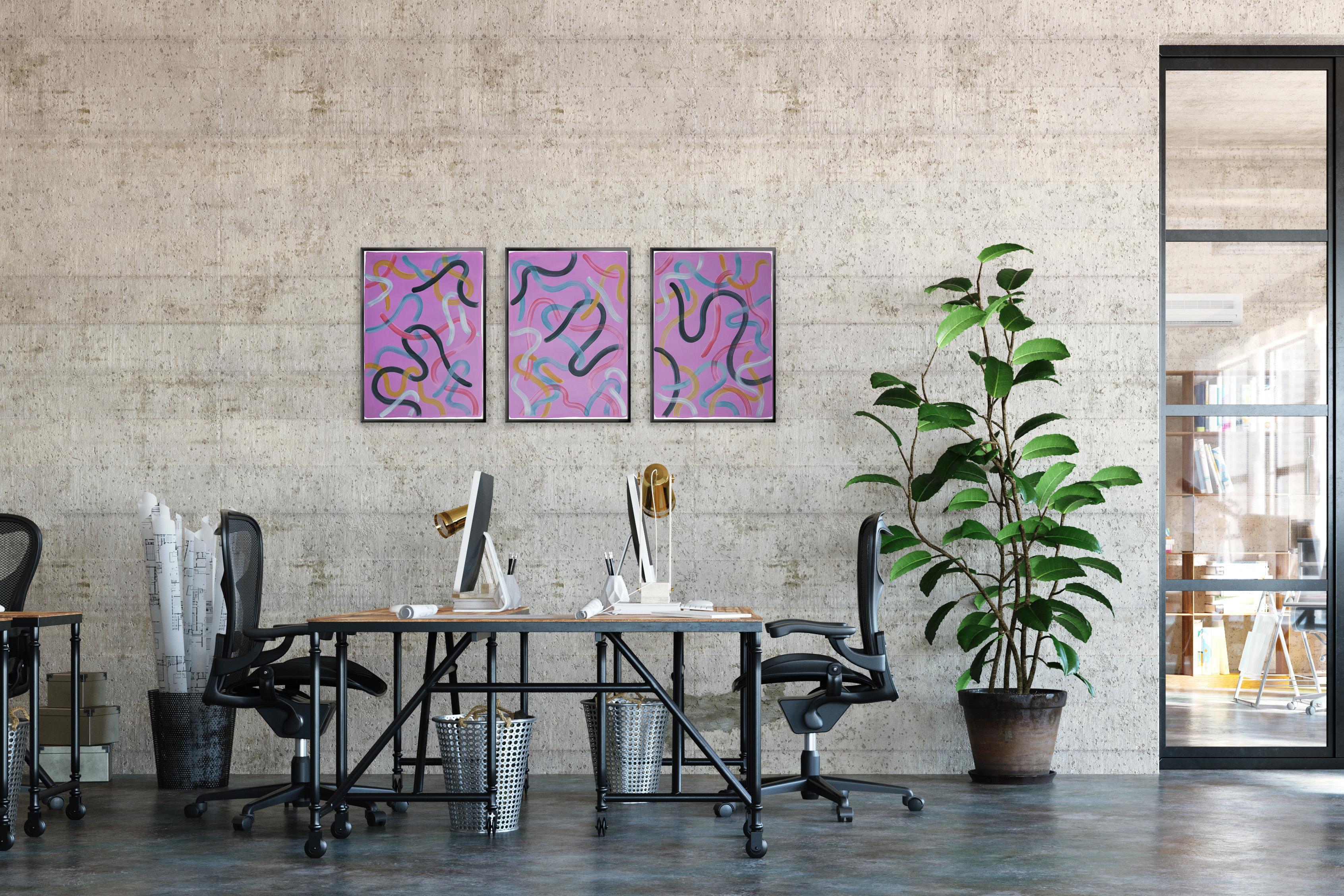 Violet Art Nouveau Moulding, Abstract Organic Triptych, Brush Gestures Pink Gray - Painting by Natalia Roman