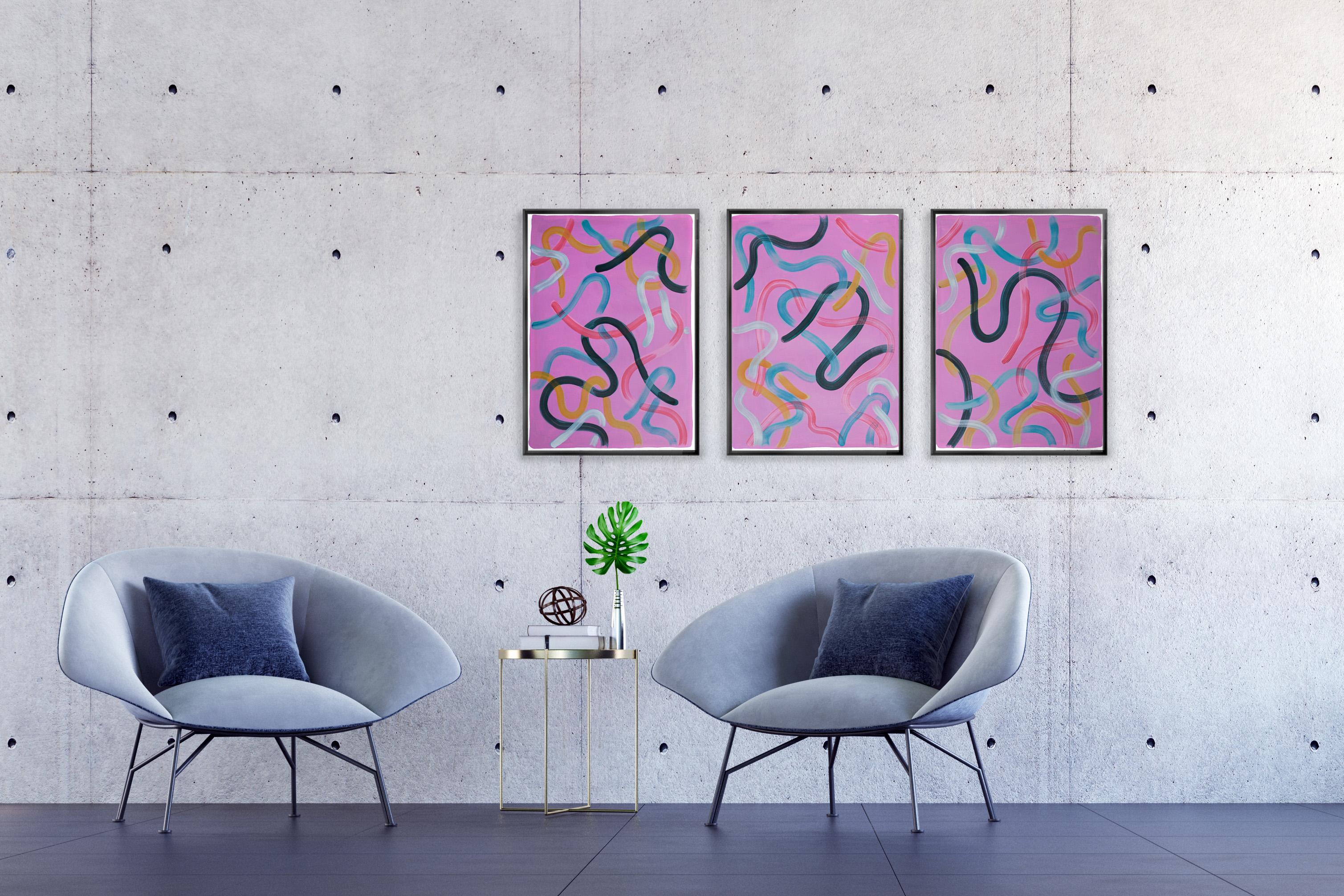 Violet Art Nouveau Moulding, Abstract Organic Triptych, Brush Gestures Pink Gray For Sale 2