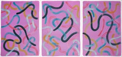 Violet Art Nouveau Moulding, Abstract Organic Triptych, Brush Gestures Pink Gray