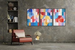 Arcos Vívidos en Flor, Tríptico de Tonos Primarios, Curvas de Paraguas Tono sobre Papel