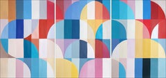 Archi di fiori vivaci, trittico di toni primari, curve di ombrelli su carta