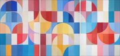 Vivid Blossoming Arcs, Primary Tones Triptych, Umbrella Curves Hue on Paper